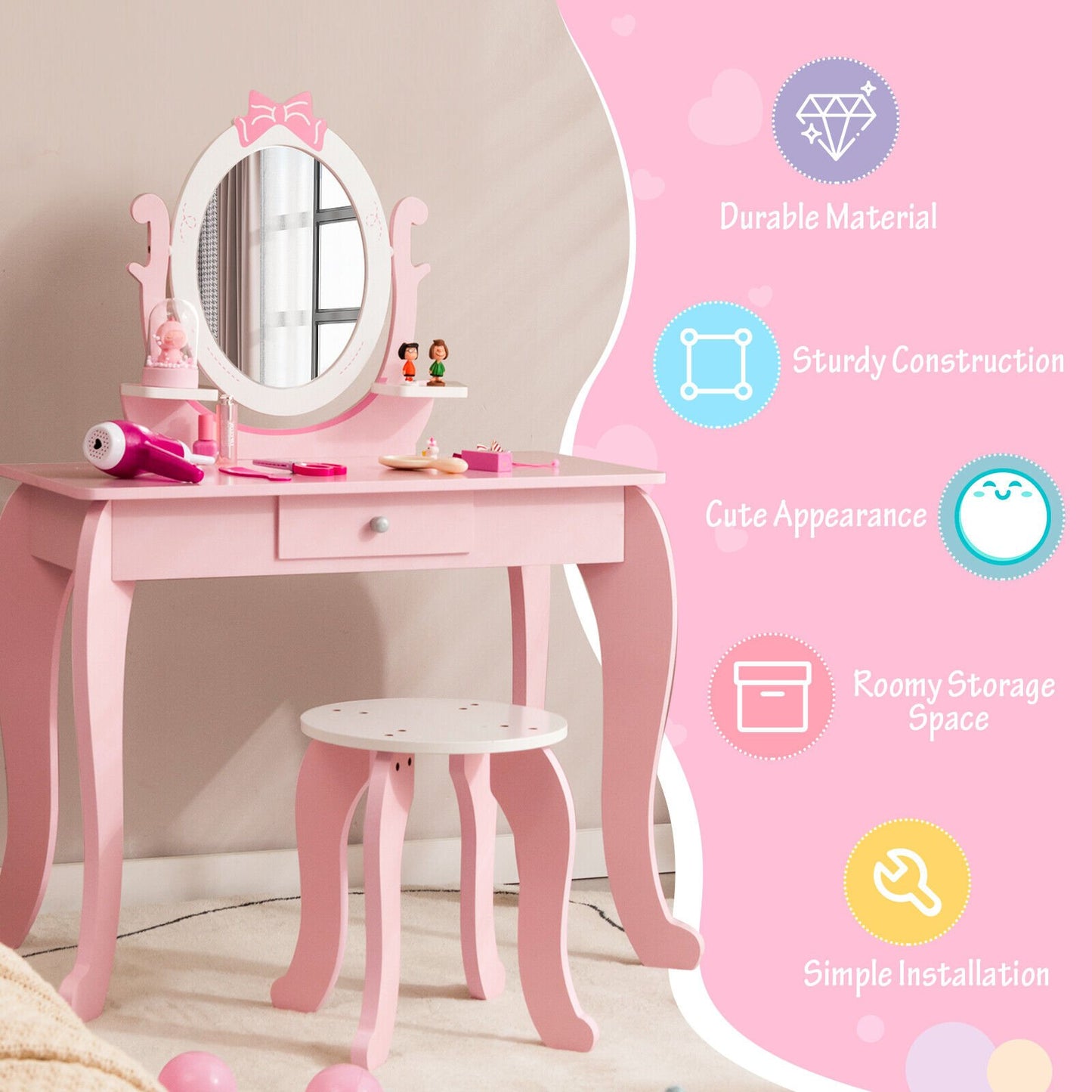 Kid Vanity Table Stool Set with Oval Rotatable Mirror, Pink - Gallery Canada