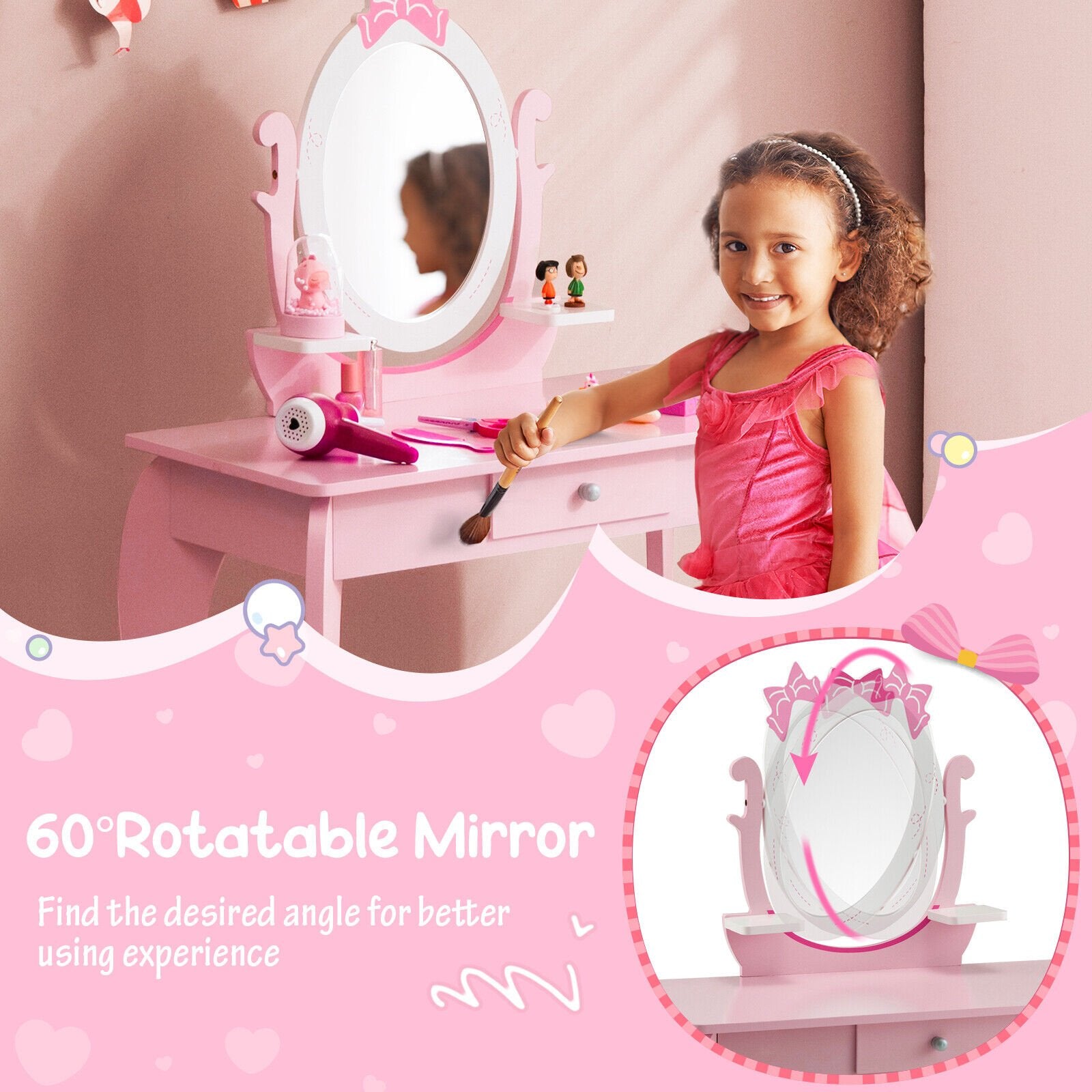 Kid Vanity Table Stool Set with Oval Rotatable Mirror, Pink Kids Vanities   at Gallery Canada