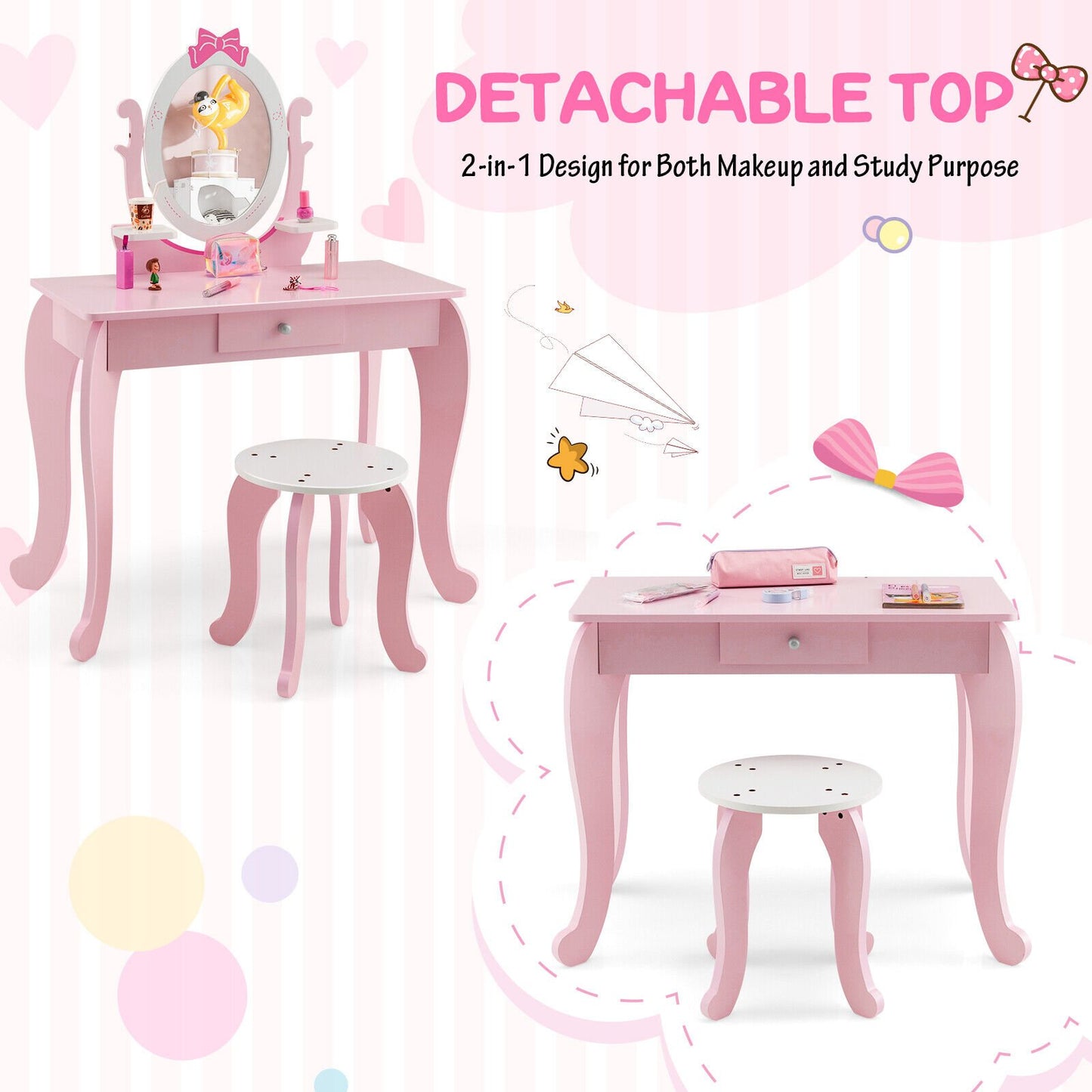 Kid Vanity Table Stool Set with Oval Rotatable Mirror, Pink Kids Vanities   at Gallery Canada