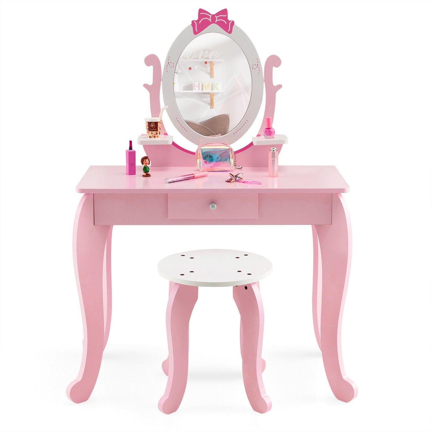 Kid Vanity Table Stool Set with Oval Rotatable Mirror, Pink Kids Vanities   at Gallery Canada