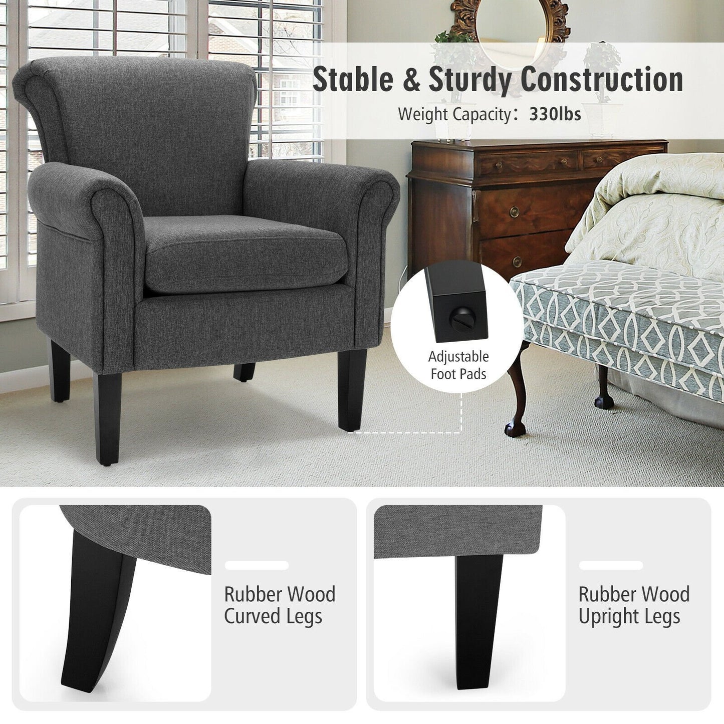 Upholstered Fabric Accent Chair with Adjustable Foot Pads, Dark Gray Accent Chairs   at Gallery Canada