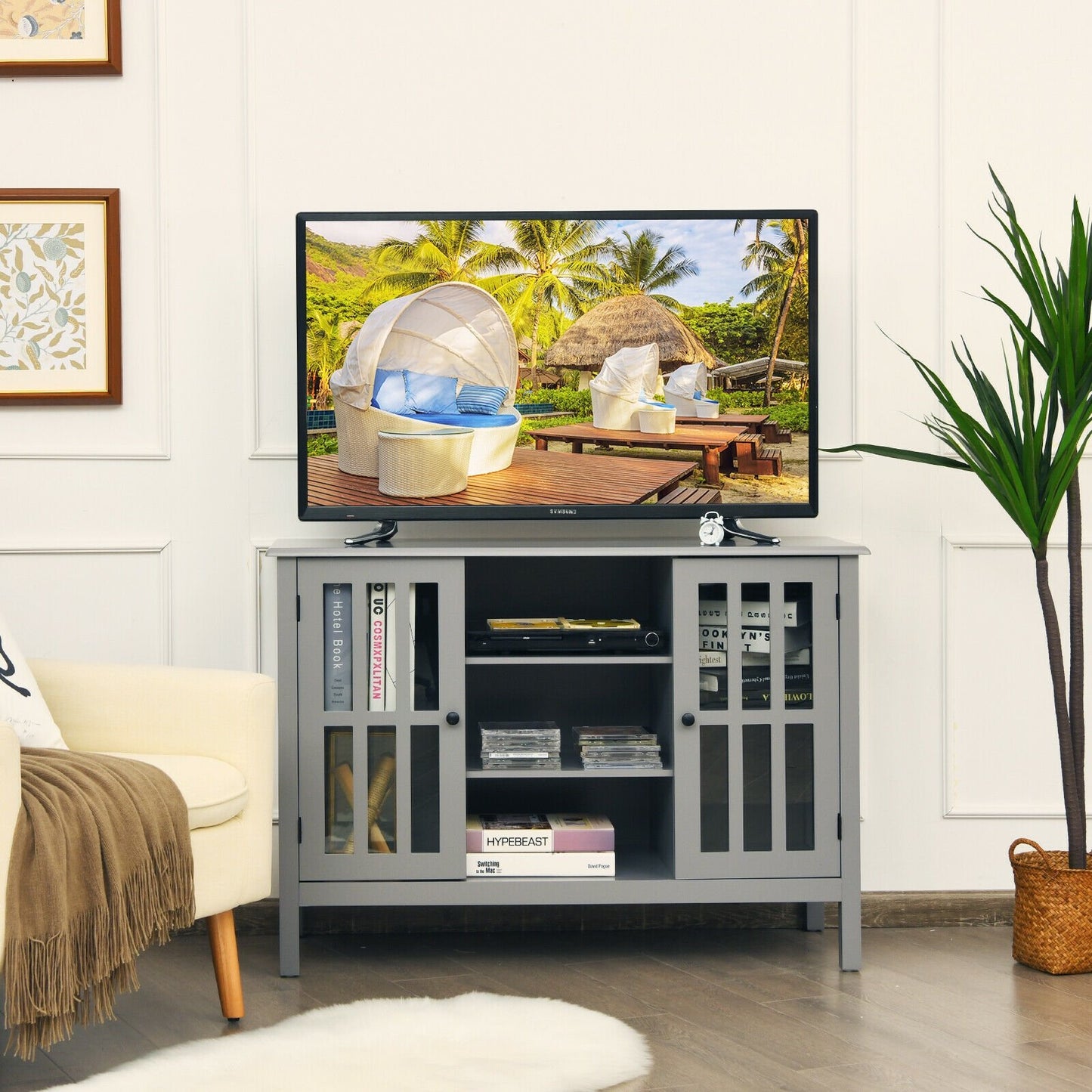 Wooden TV Stand Console Cabinet for 50 Inch TV, Gray - Gallery Canada