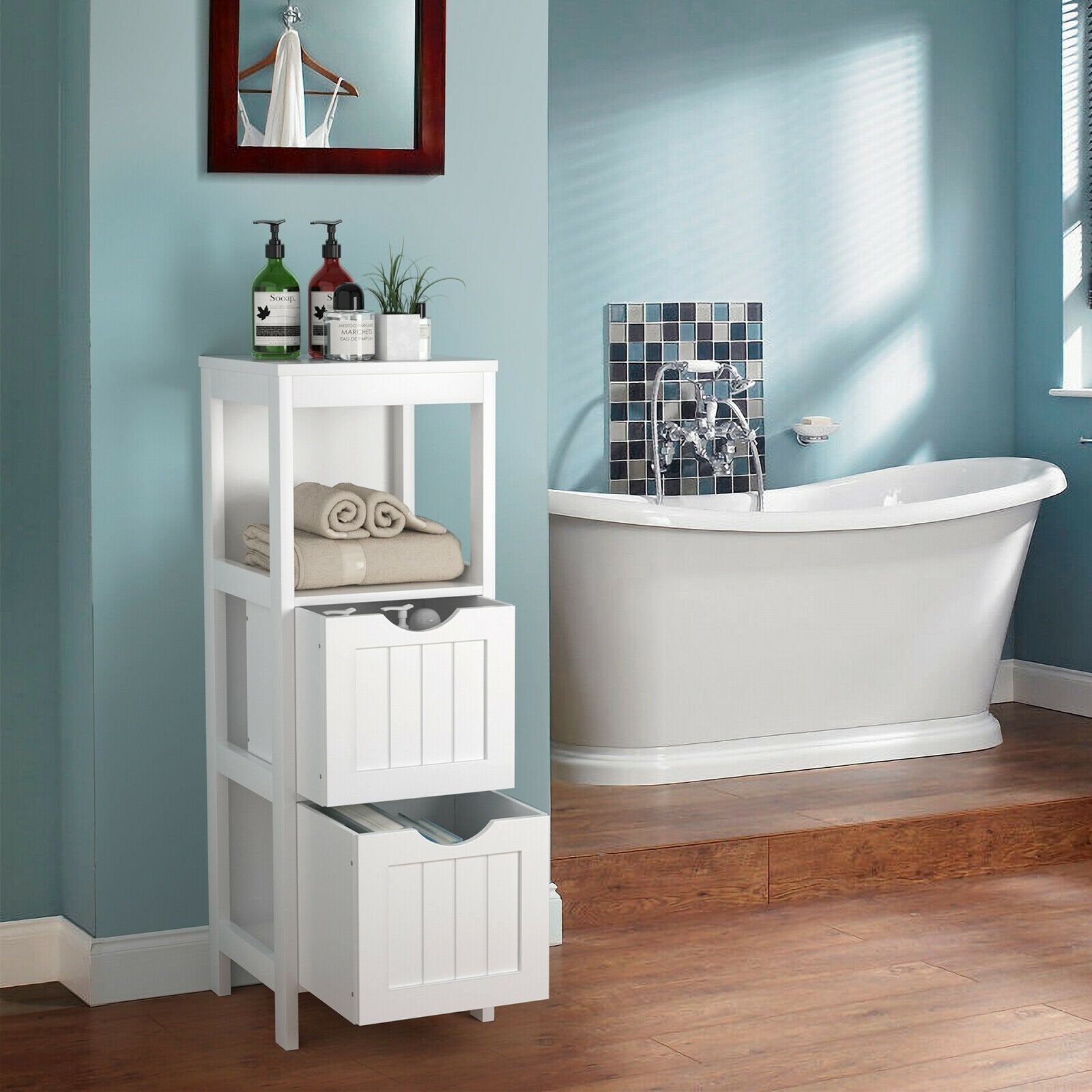 Floor Multifunction Bathroom Storage Organizer Rack with 2 Drawers, White Floor Cabinets   at Gallery Canada