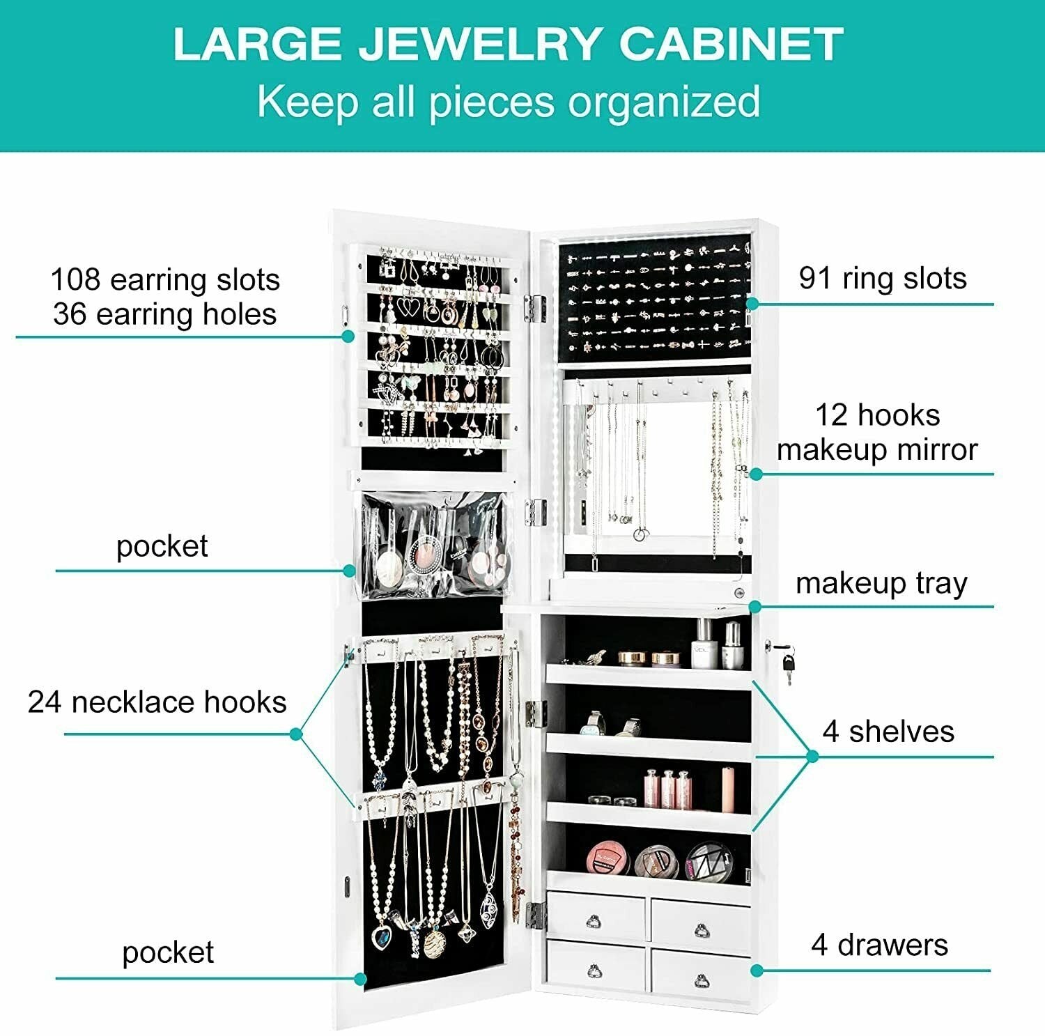 Multipurpose Storage Cabinet with 4 Drawers, White Jewelry Armoires   at Gallery Canada