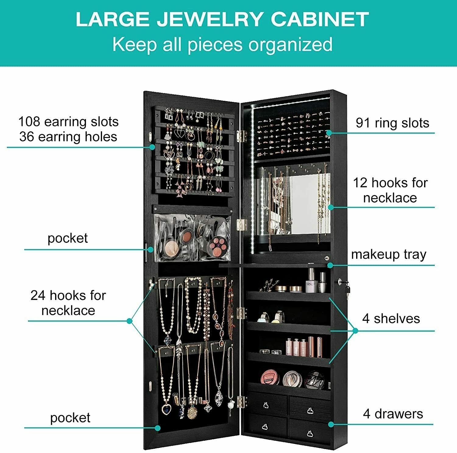 Multipurpose Storage Cabinet with 4 Drawers, Black Jewelry Armoires   at Gallery Canada