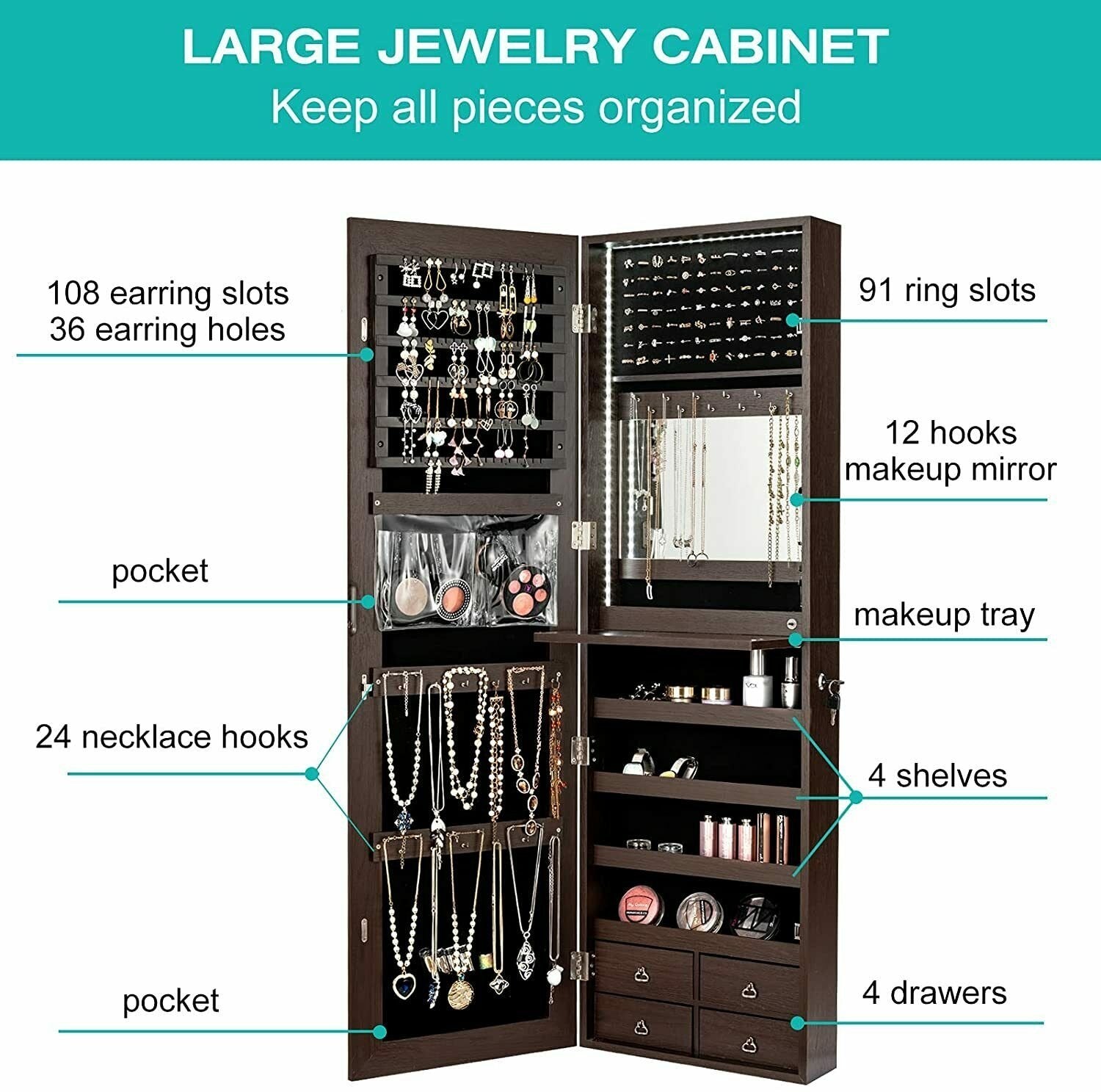 Multipurpose Storage Cabinet with 4 Drawers, Brown Jewelry Armoires   at Gallery Canada