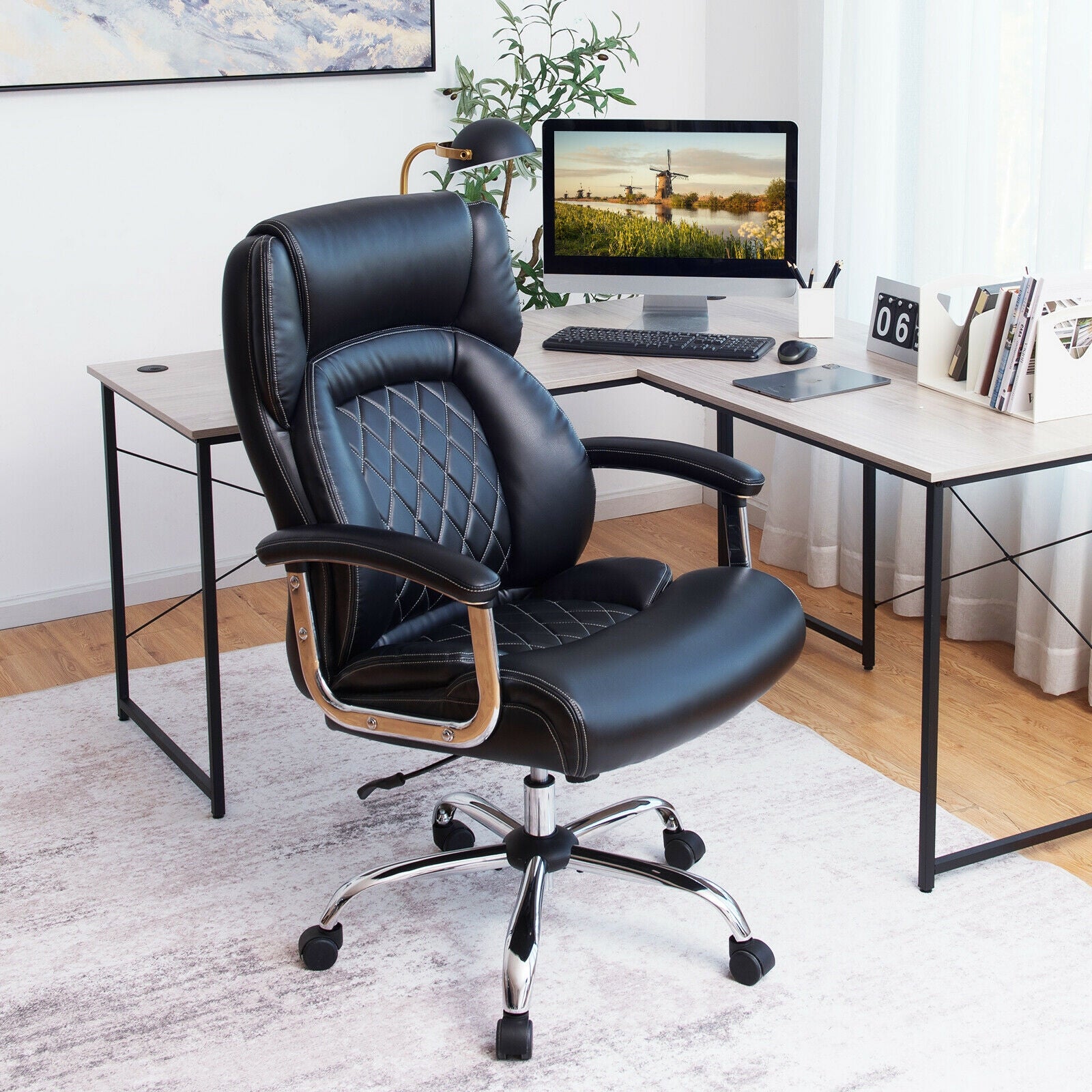 Height Adjustable Executive Chair Computer Desk Chair with Metal Base, Black Big and Tall Chairs   at Gallery Canada