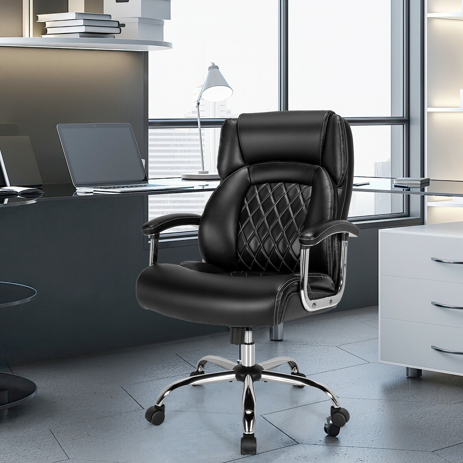 Height Adjustable Executive Chair Computer Desk Chair with Metal Base, Black Big and Tall Chairs   at Gallery Canada