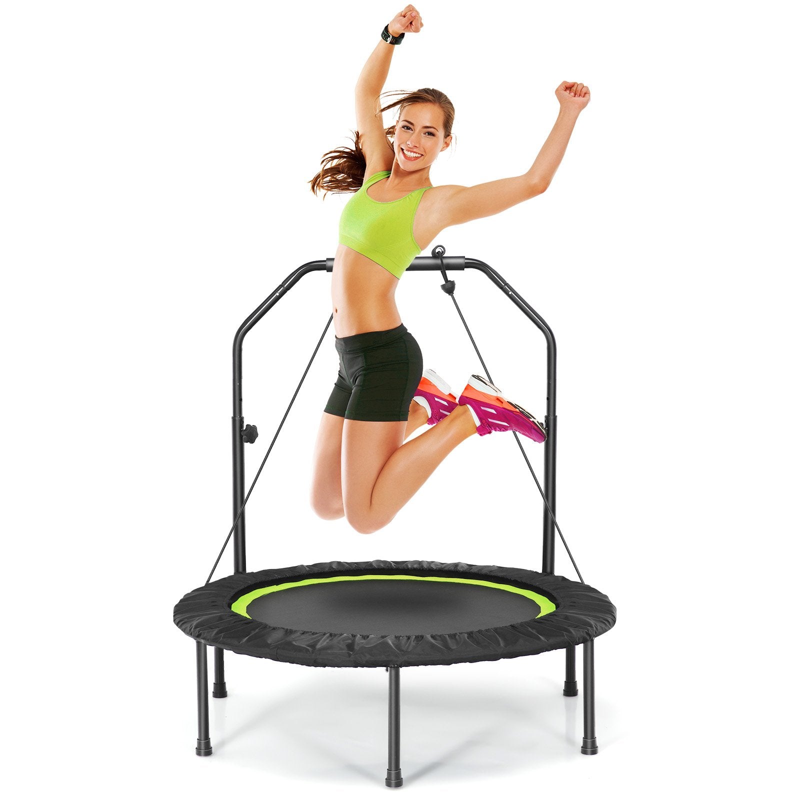 40 Inch Foldable Fitness Rebounder with Resistance Bands Adjustable Home, Green Trampolines   at Gallery Canada