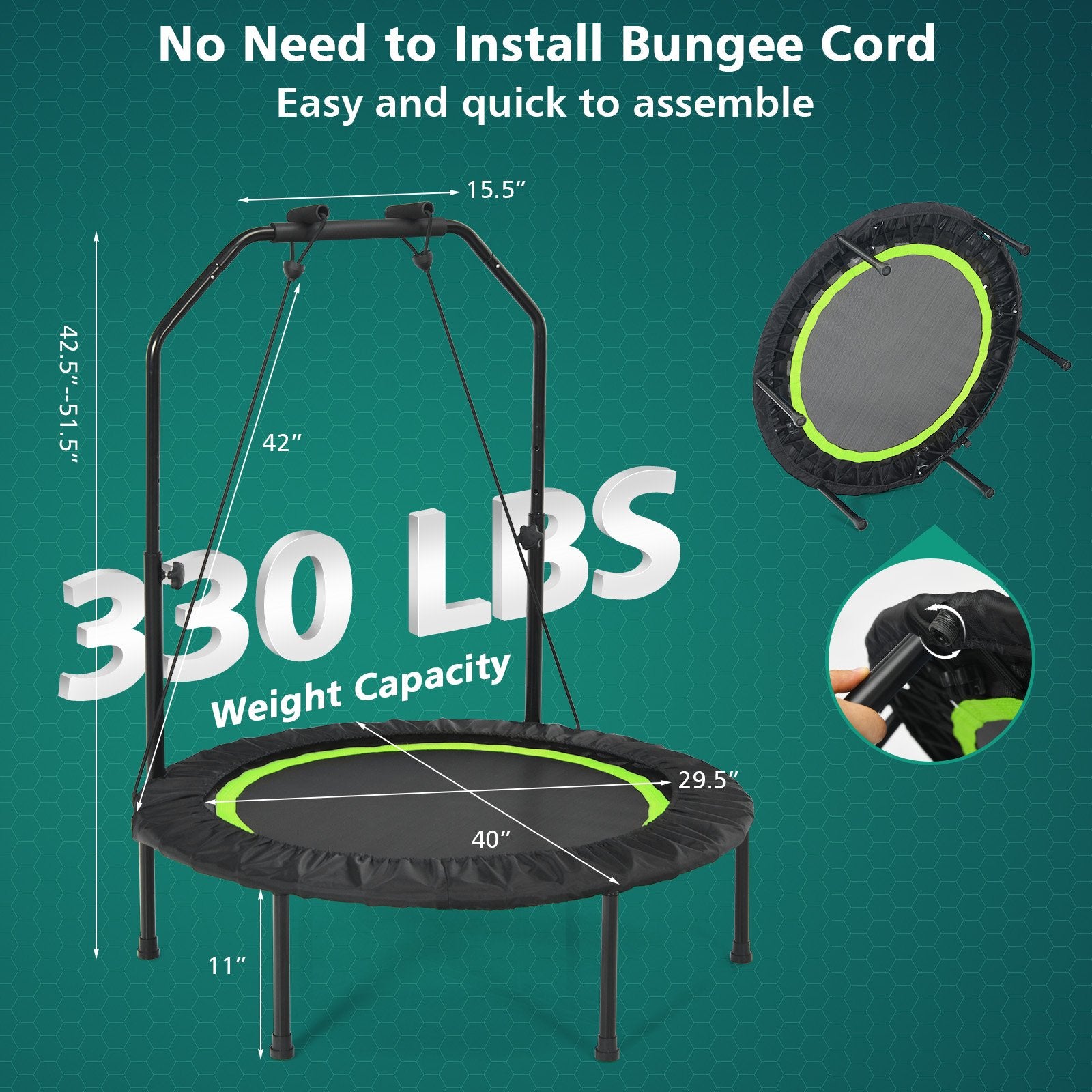 40 Inch Foldable Fitness Rebounder with Resistance Bands Adjustable Home, Green Trampolines   at Gallery Canada