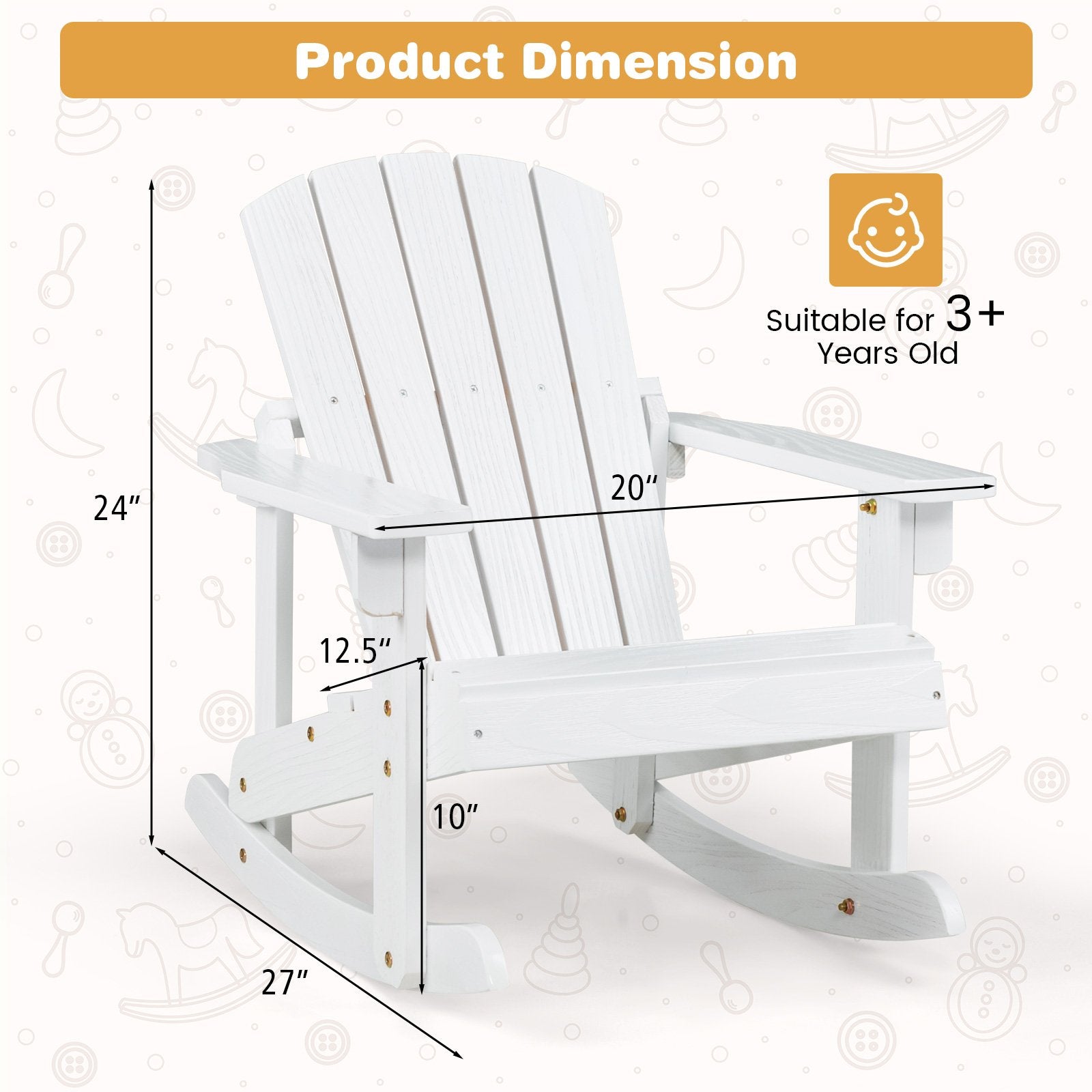 Outdoor Wooden Kid Adirondack Rocking Chair with Slatted Seat, White Kids Chairs & Seating   at Gallery Canada