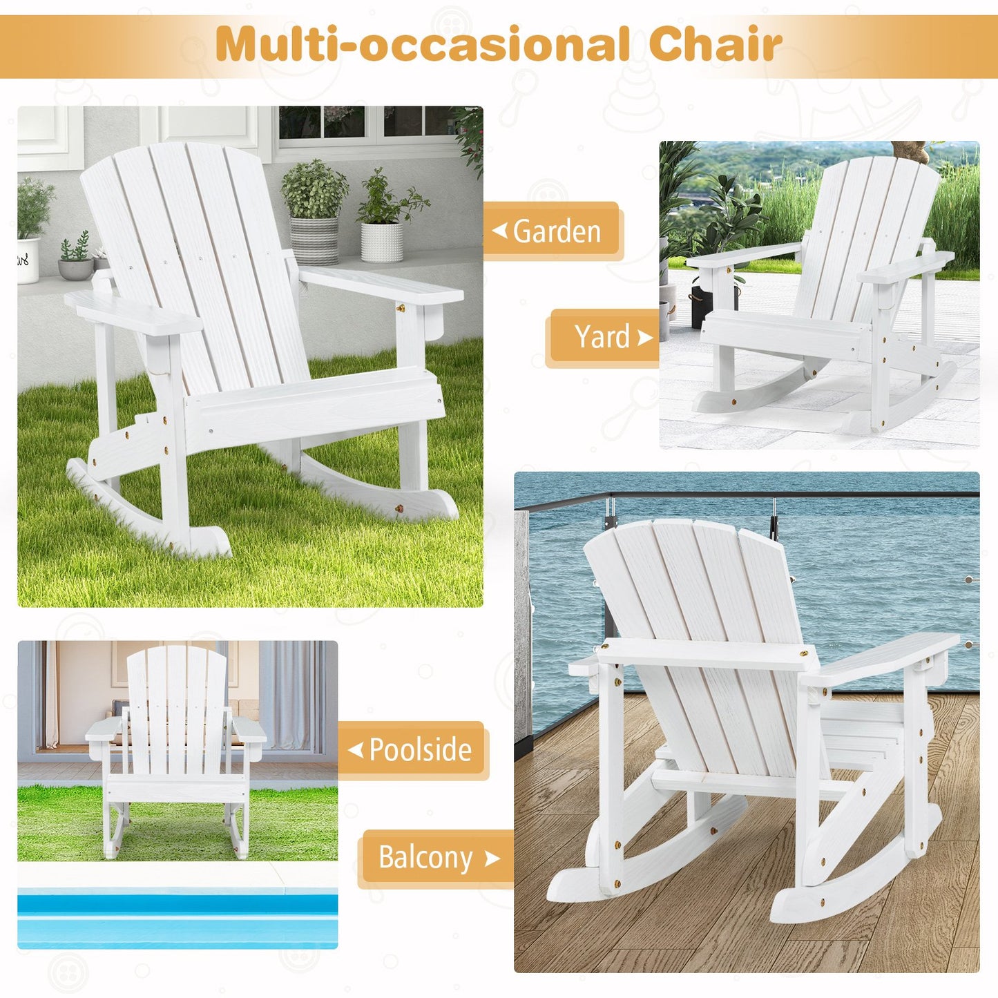 Outdoor Wooden Kid Adirondack Rocking Chair with Slatted Seat, White Kids Chairs & Seating   at Gallery Canada