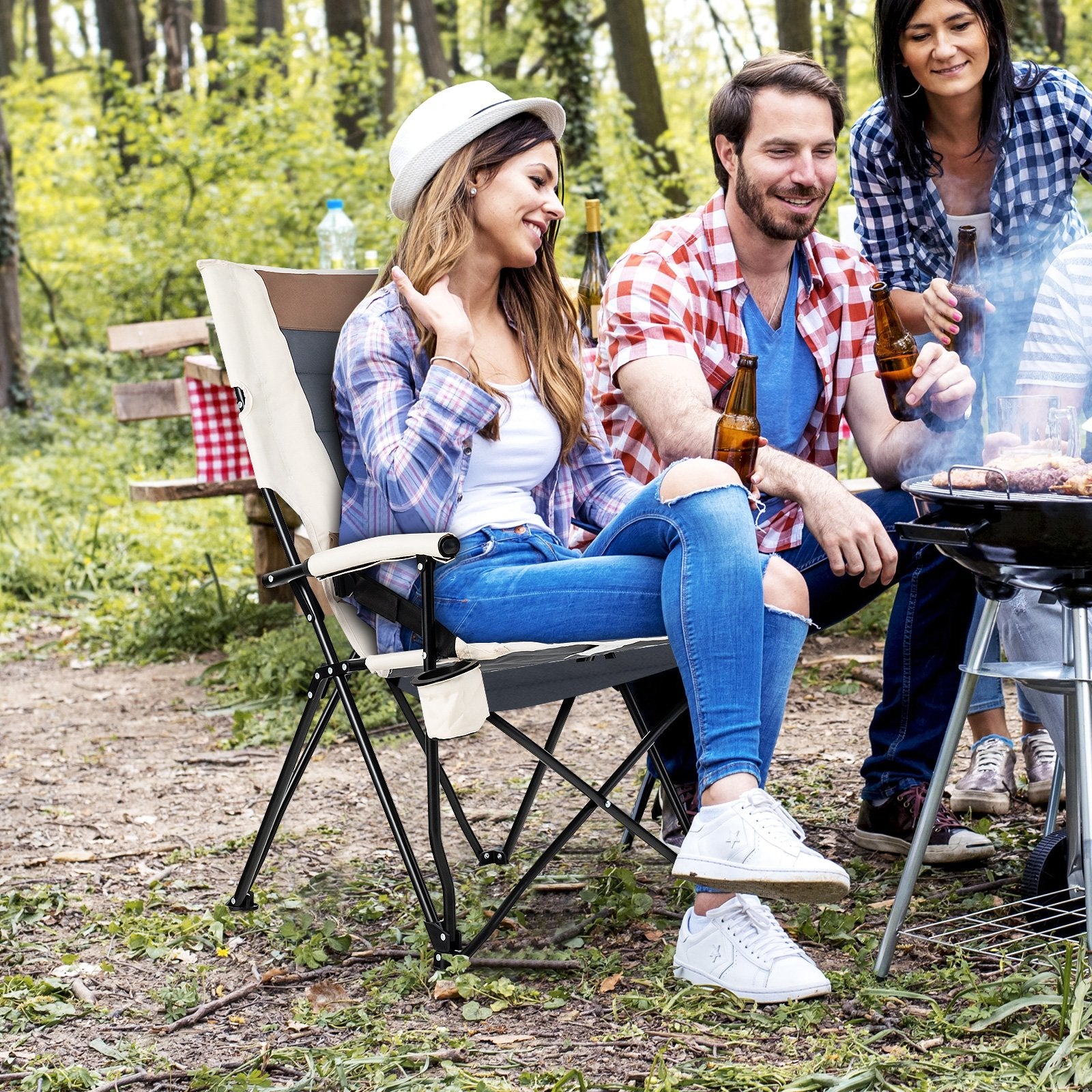 Folding Camping Chair with Cup Holder Armrest and Lumbar Pillow, Multicolor Camping Furniture   at Gallery Canada