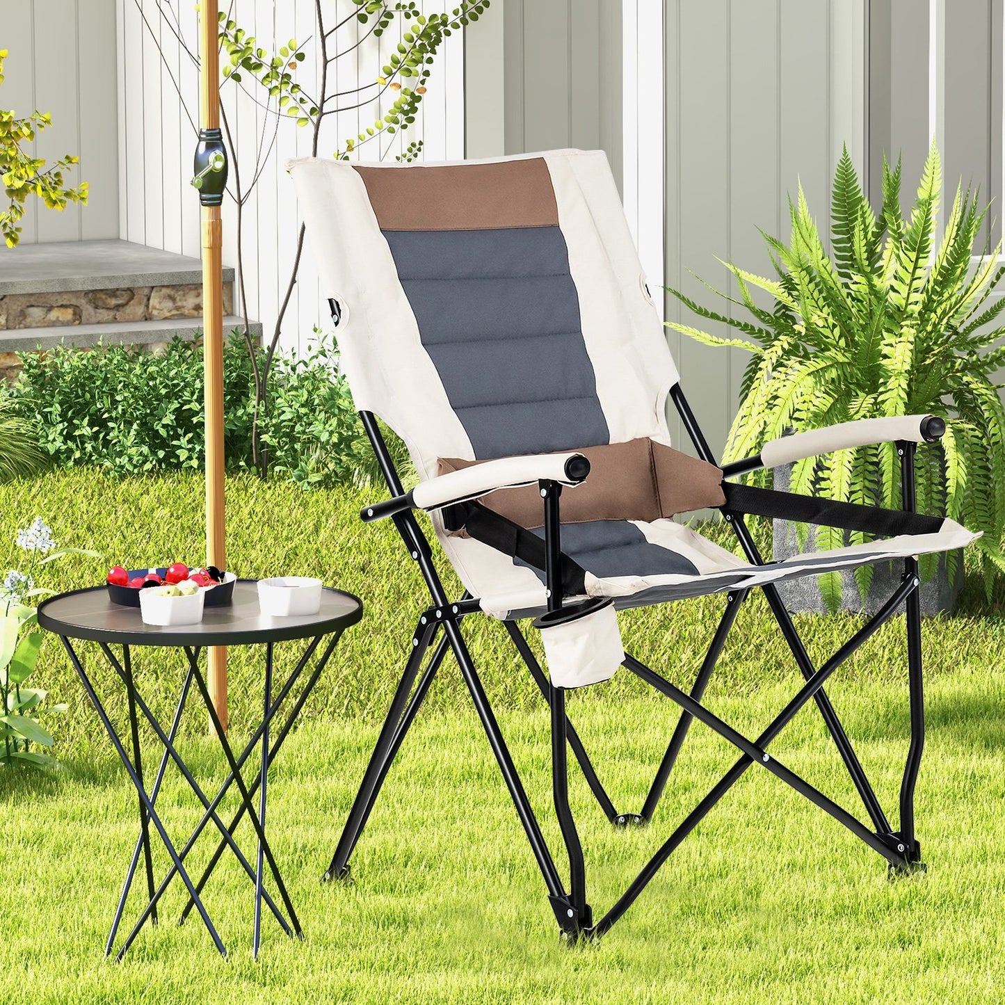 Folding Camping Chair with Cup Holder Armrest and Lumbar Pillow, Multicolor - Gallery Canada