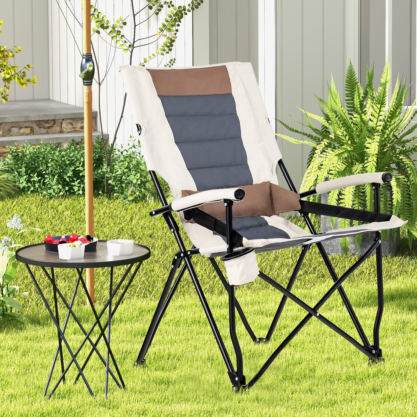 Folding Camping Chair with Cup Holder Armrest and Lumbar Pillow, Multicolor Camping Furniture   at Gallery Canada