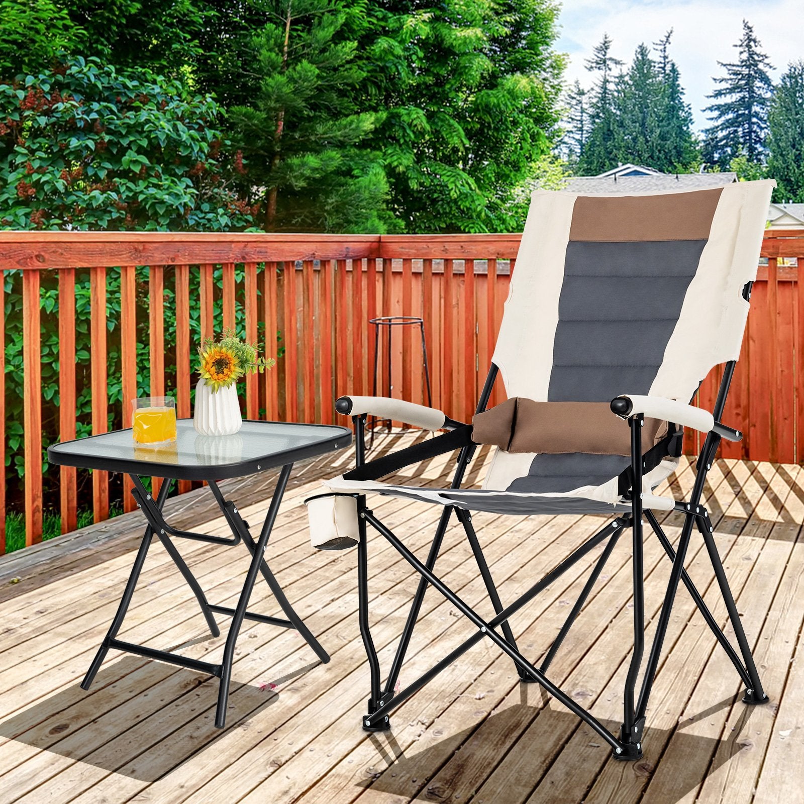 Folding Camping Chair with Cup Holder Armrest and Lumbar Pillow, Multicolor Camping Furniture   at Gallery Canada