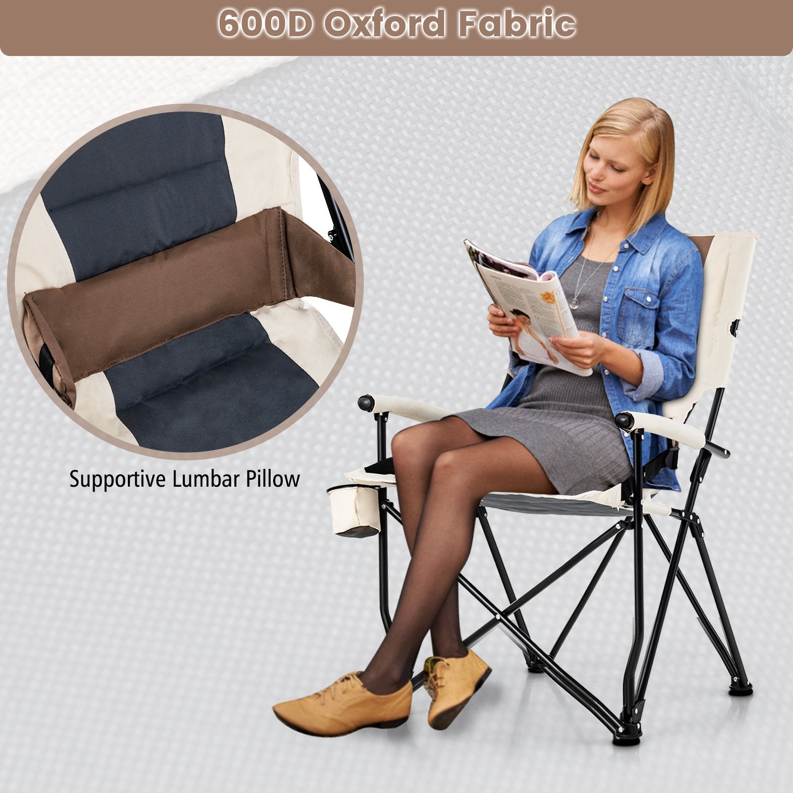 Folding Camping Chair with Cup Holder Armrest and Lumbar Pillow, Multicolor Camping Furniture   at Gallery Canada