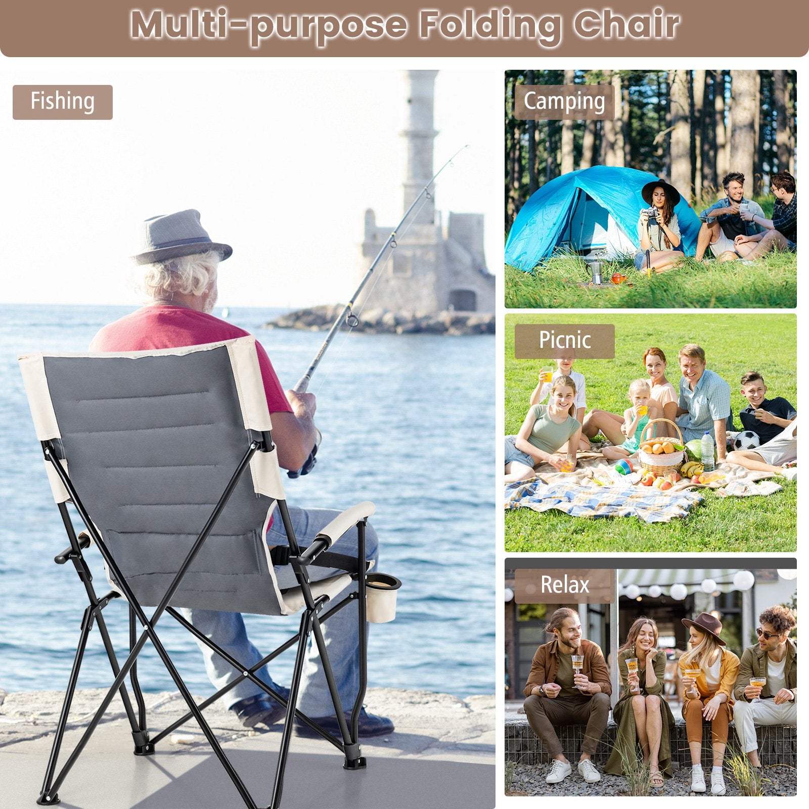 Folding Camping Chair with Cup Holder Armrest and Lumbar Pillow, Multicolor Camping Furniture   at Gallery Canada