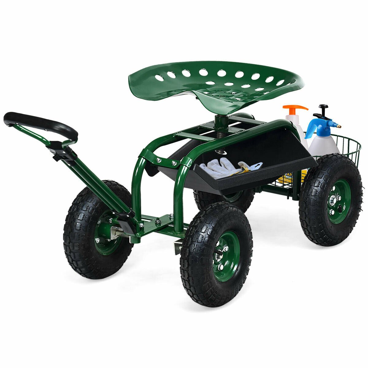 Heavy Duty Garden Cart with Tool Tray and 360 Swivel Seat, Green Garden Carts   at Gallery Canada