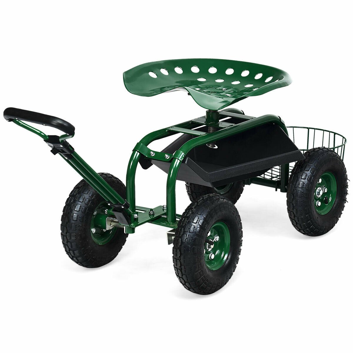 Heavy Duty Garden Cart with Tool Tray and 360 Swivel Seat, Green - Gallery Canada