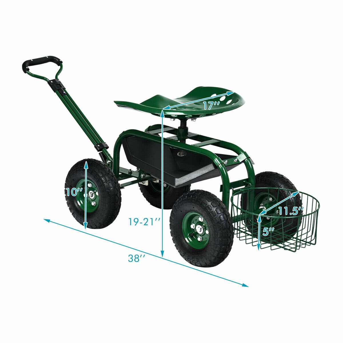 Heavy Duty Garden Cart with Tool Tray and 360 Swivel Seat, Green Garden Carts   at Gallery Canada