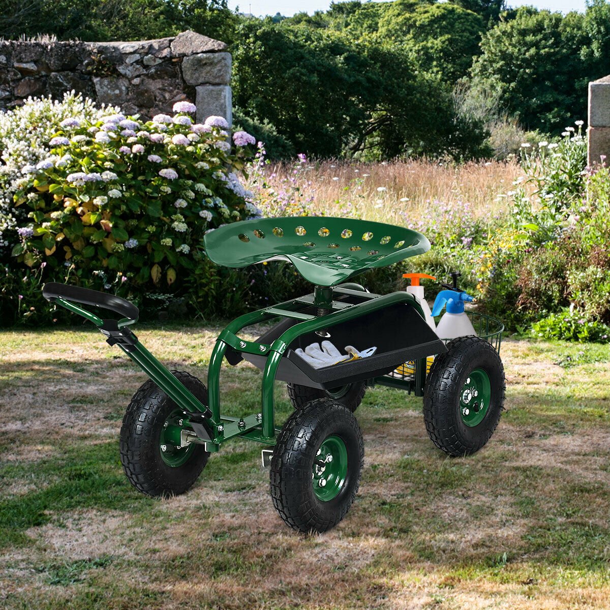 Heavy Duty Garden Cart with Tool Tray and 360 Swivel Seat, Green - Gallery Canada