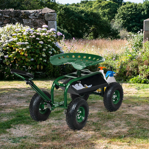 Heavy Duty Garden Cart with Tool Tray and 360 Swivel Seat, Green