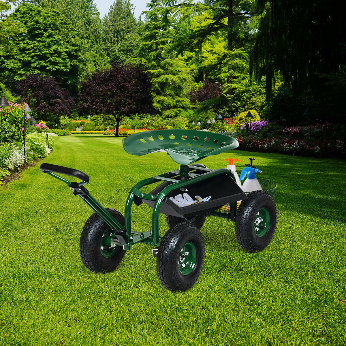 Heavy Duty Garden Cart with Tool Tray and 360 Swivel Seat, Green Garden Carts   at Gallery Canada