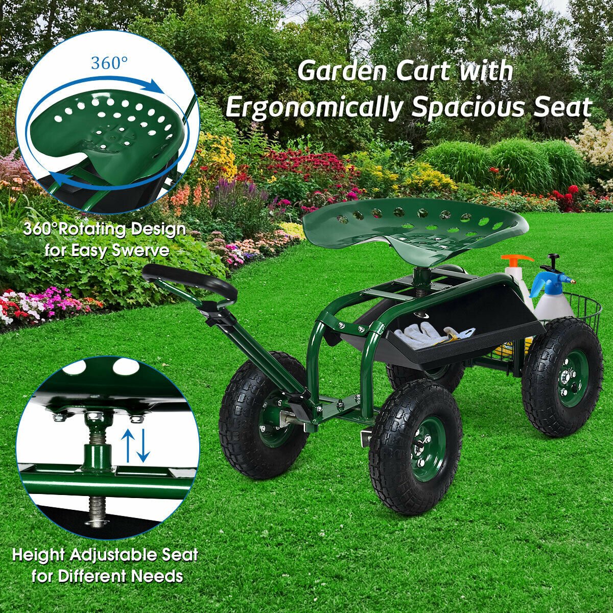 Heavy Duty Garden Cart with Tool Tray and 360 Swivel Seat, Green - Gallery Canada