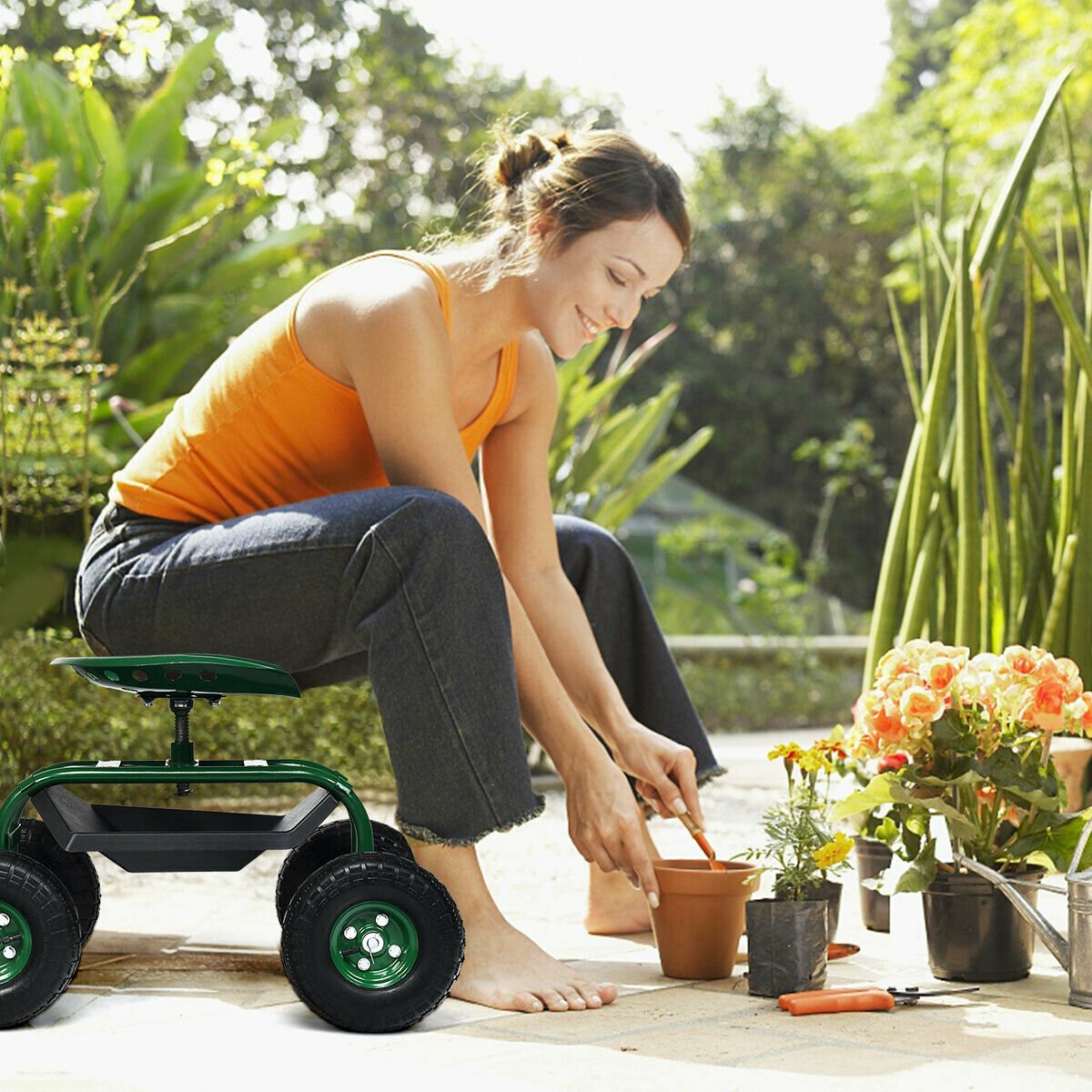 Heavy Duty Garden Cart with Tool Tray and 360 Swivel Seat, Green - Gallery Canada