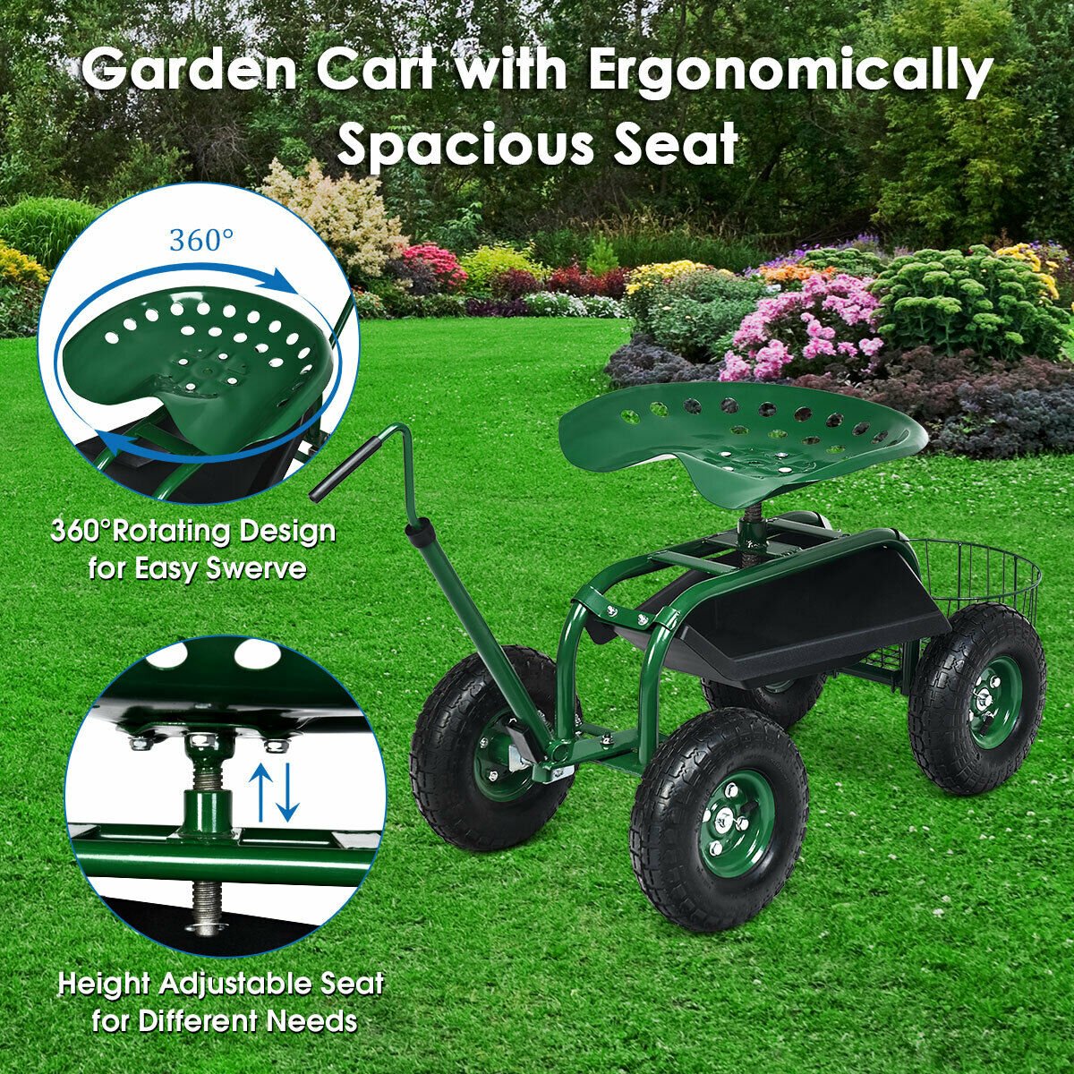 Extendable Handle Garden Cart Rolling Wagon Scooter, Green Garden Tools   at Gallery Canada