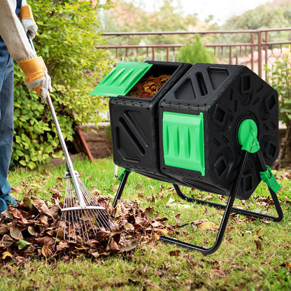 Dual Chamber Garden Compost Tumbler with Sliding Doors, Black & Green - Gallery Canada