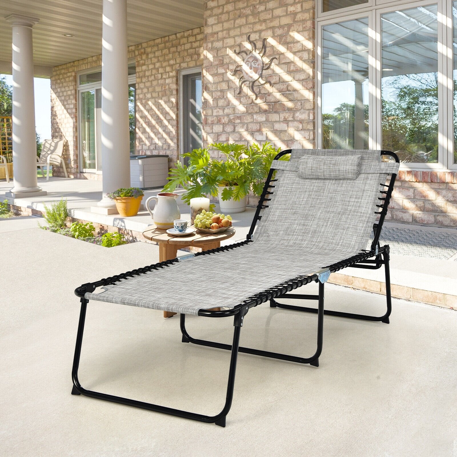 4 Position Folding Lounge Chaise with Adjustable Backrest and Footrest, Gray Outdoor Chaise Lounges   at Gallery Canada