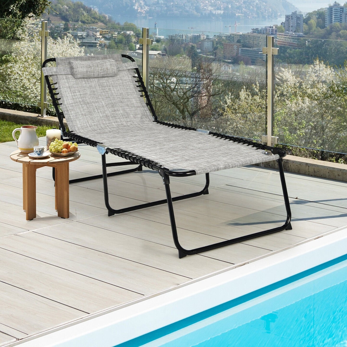 4 Position Folding Lounge Chaise with Adjustable Backrest and Footrest, Gray Outdoor Chaise Lounges   at Gallery Canada