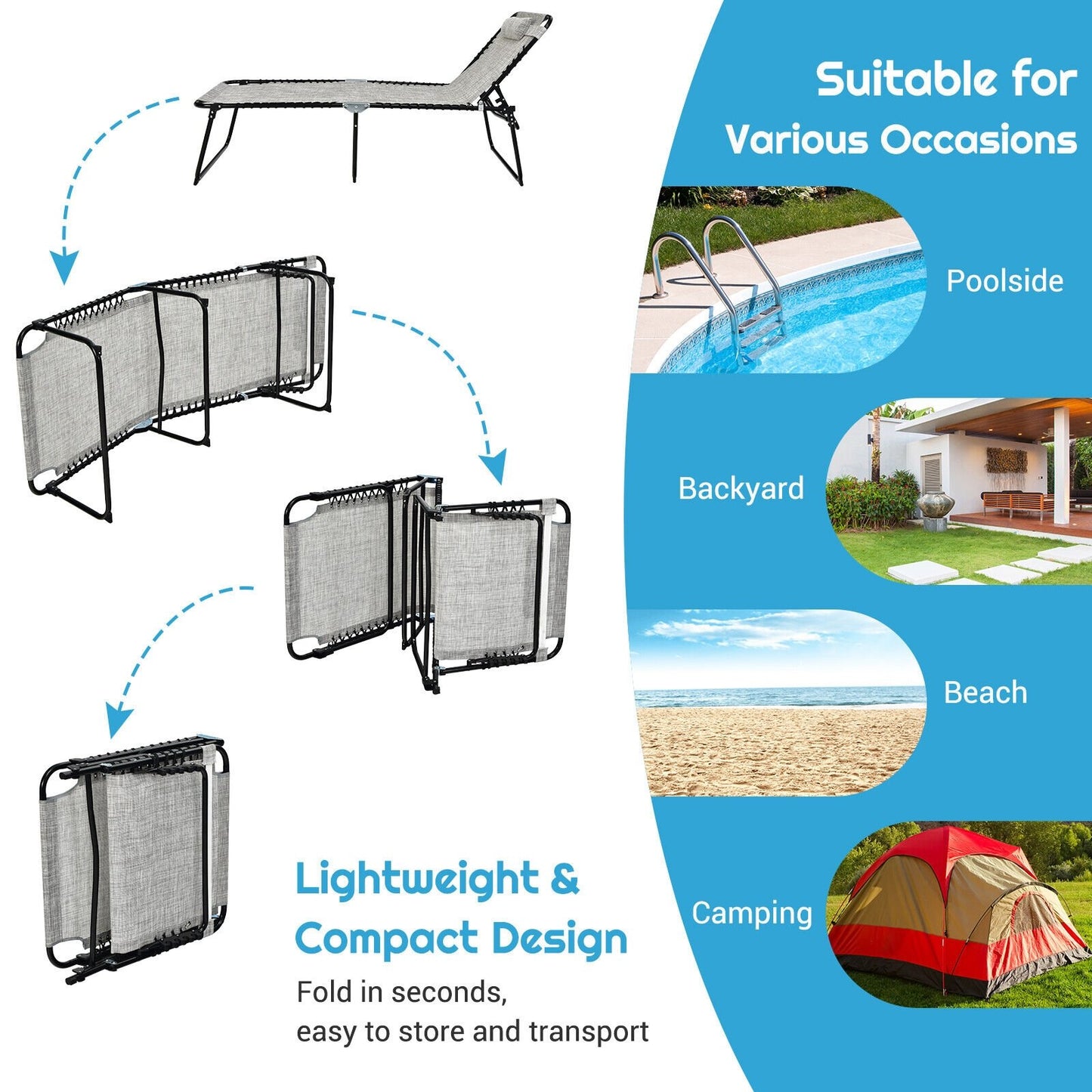 4 Position Folding Lounge Chaise with Adjustable Backrest and Footrest, Gray Outdoor Chaise Lounges   at Gallery Canada