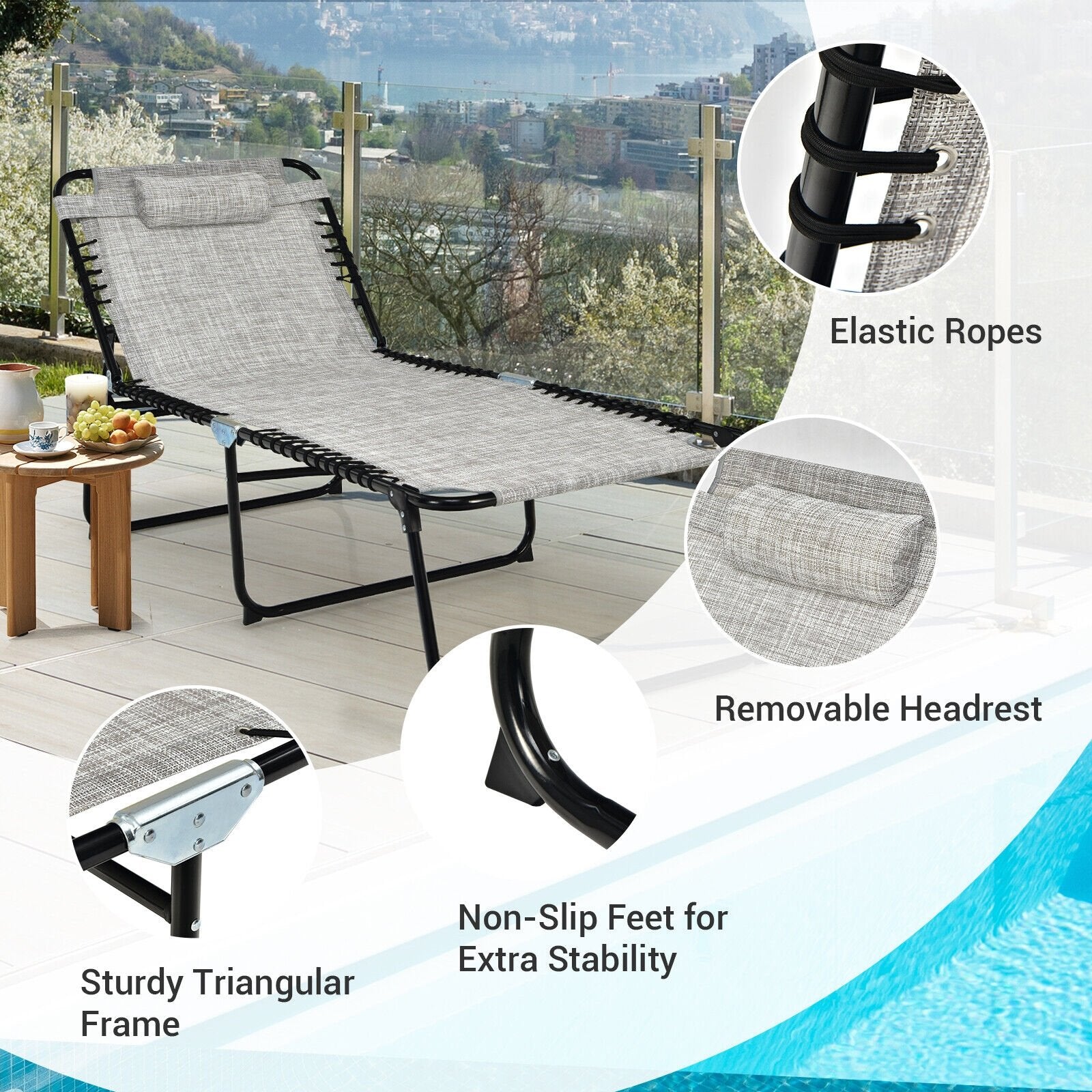 4 Position Folding Lounge Chaise with Adjustable Backrest and Footrest, Gray Outdoor Chaise Lounges   at Gallery Canada