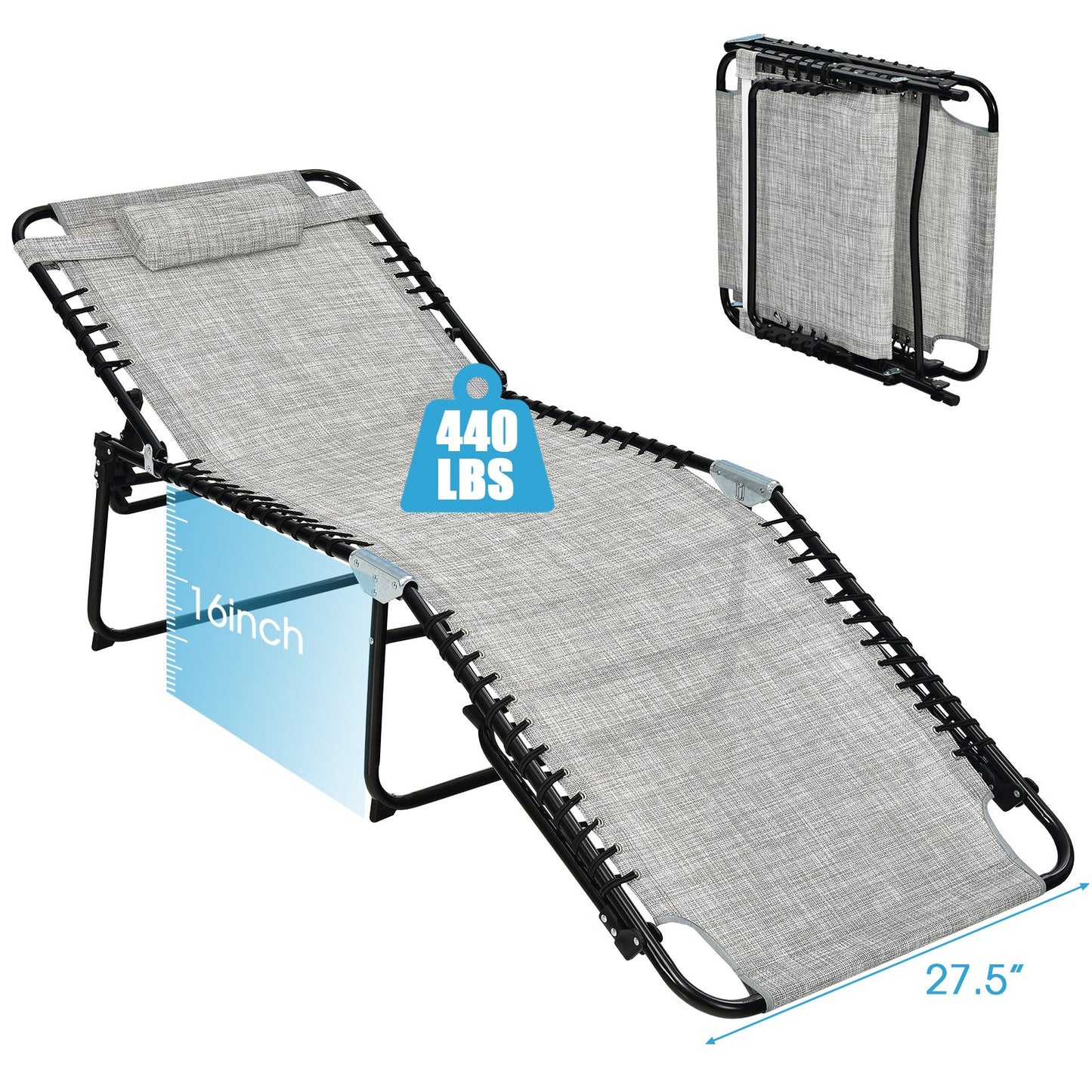 4 Position Folding Lounge Chaise with Adjustable Backrest and Footrest, Gray Outdoor Chaise Lounges   at Gallery Canada