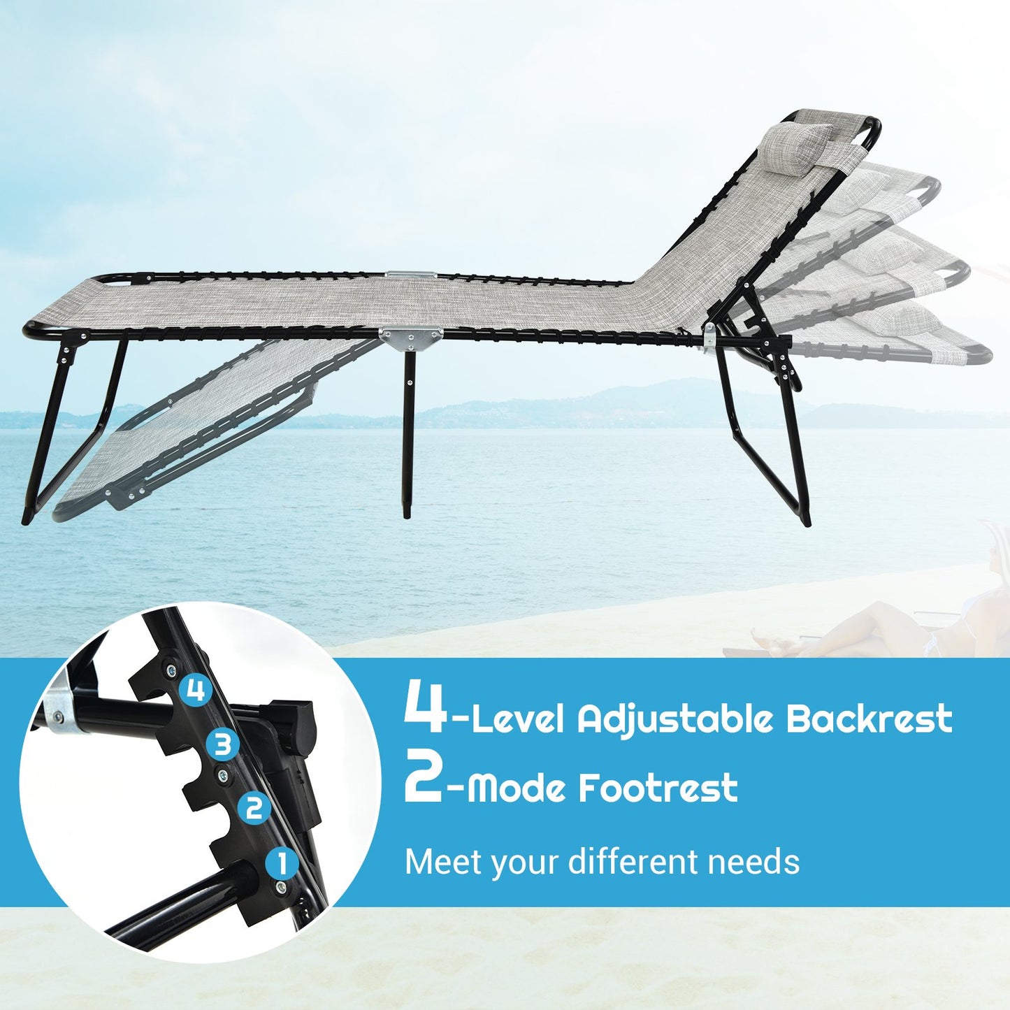 4 Position Folding Lounge Chaise with Adjustable Backrest and Footrest, Gray Outdoor Chaise Lounges   at Gallery Canada