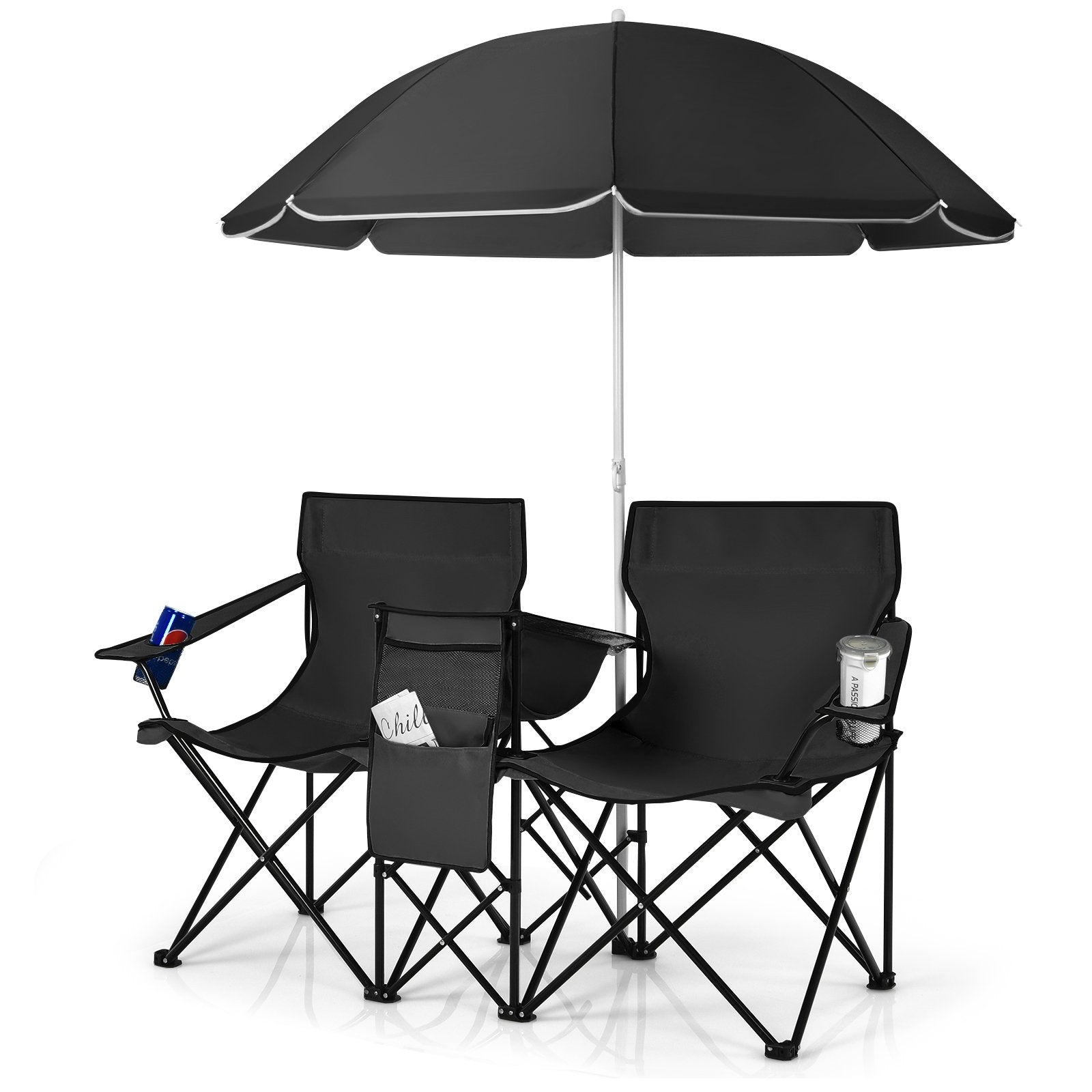 Portable Folding Picnic Double Chair With Umbrella, Black - Gallery Canada