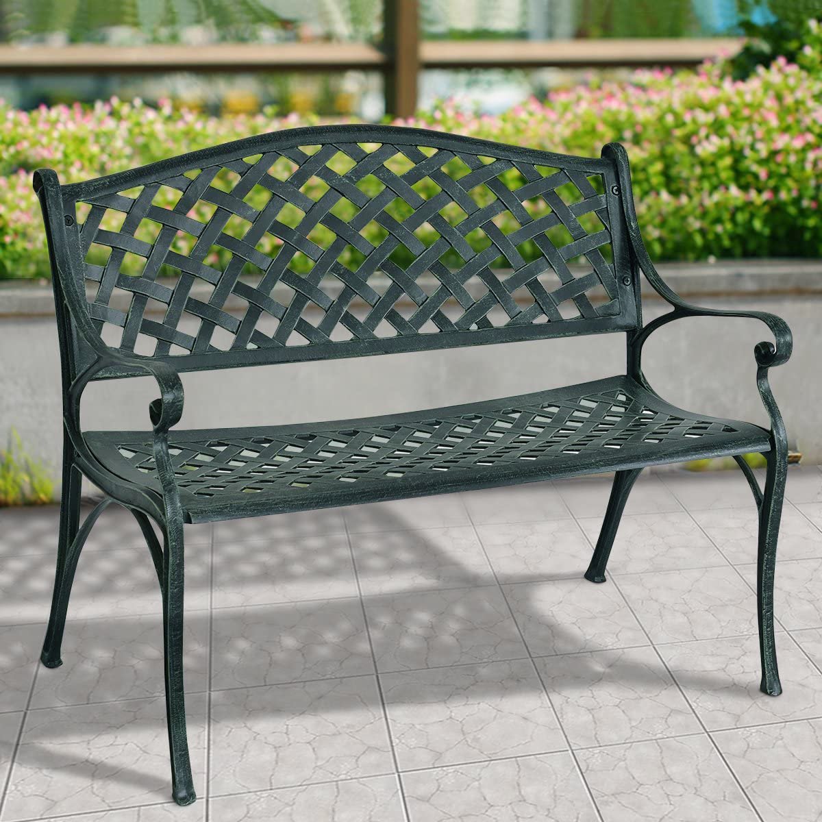 40 Inch Outdoor Aluminum Antique Garden Patio Bench, Dark Green Outdoor Benches   at Gallery Canada