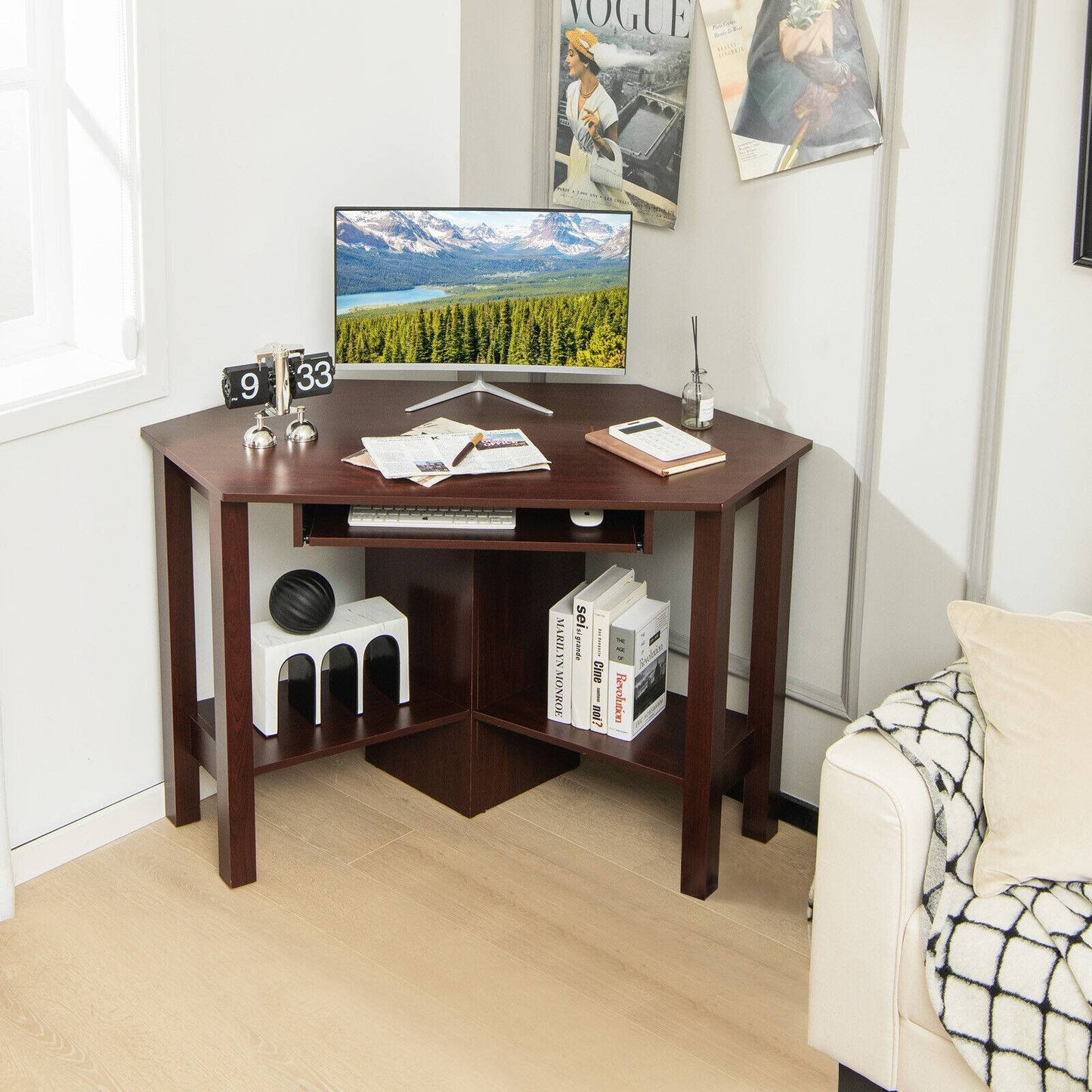 Wooden Study Computer Corner Desk with Drawer, Brown Corner Desks   at Gallery Canada