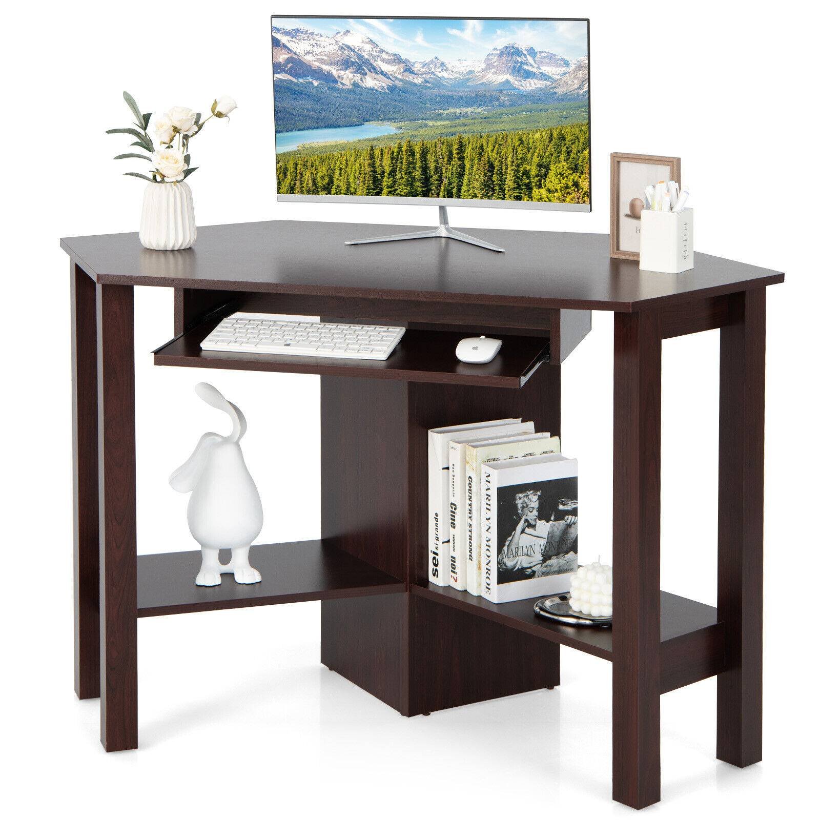 Wooden Study Computer Corner Desk with Drawer, Brown Corner Desks   at Gallery Canada