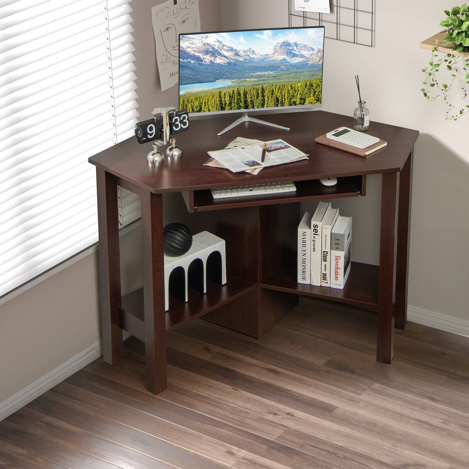 Wooden Study Computer Corner Desk with Drawer, Brown Corner Desks   at Gallery Canada