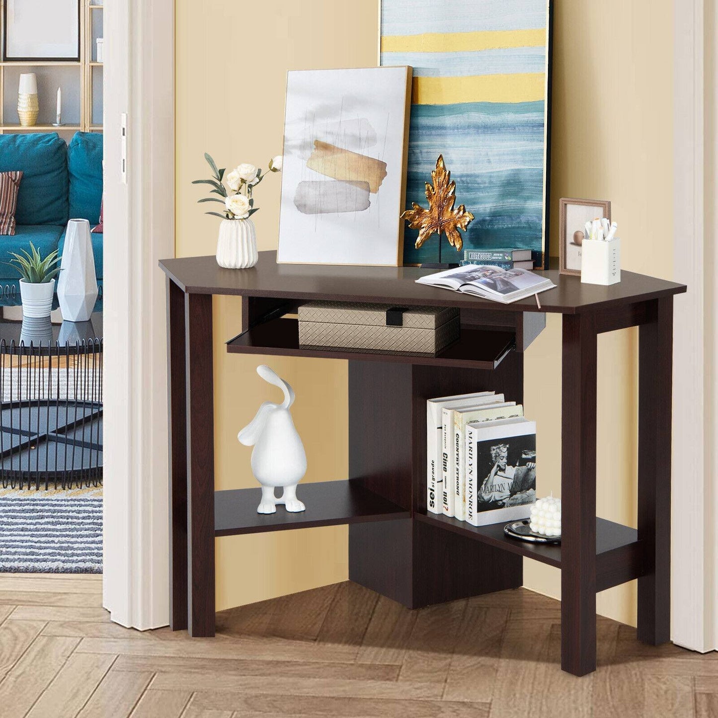 Wooden Study Computer Corner Desk with Drawer, Brown Corner Desks   at Gallery Canada