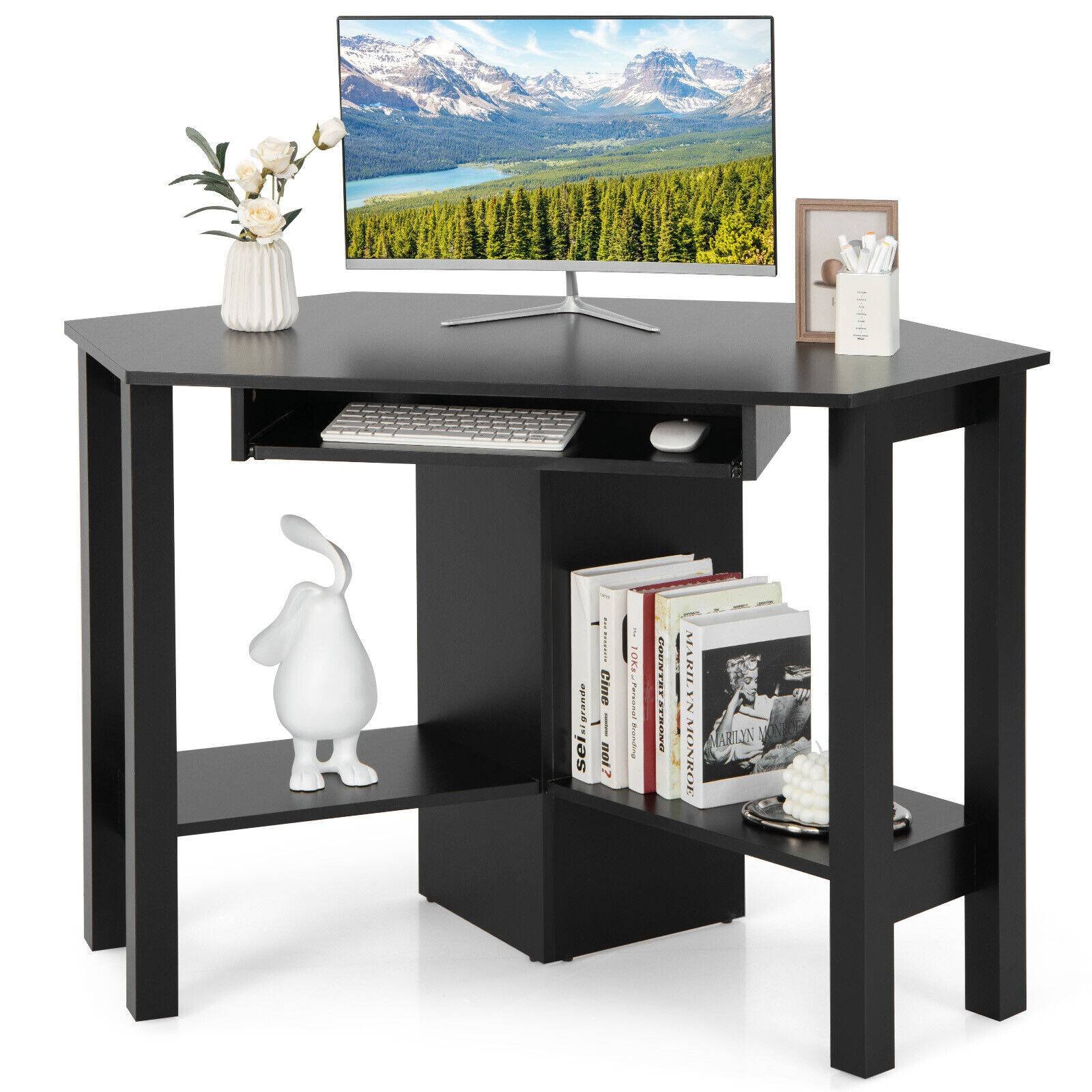 Wooden Study Computer Corner Desk with Drawer, Black Corner Desks   at Gallery Canada