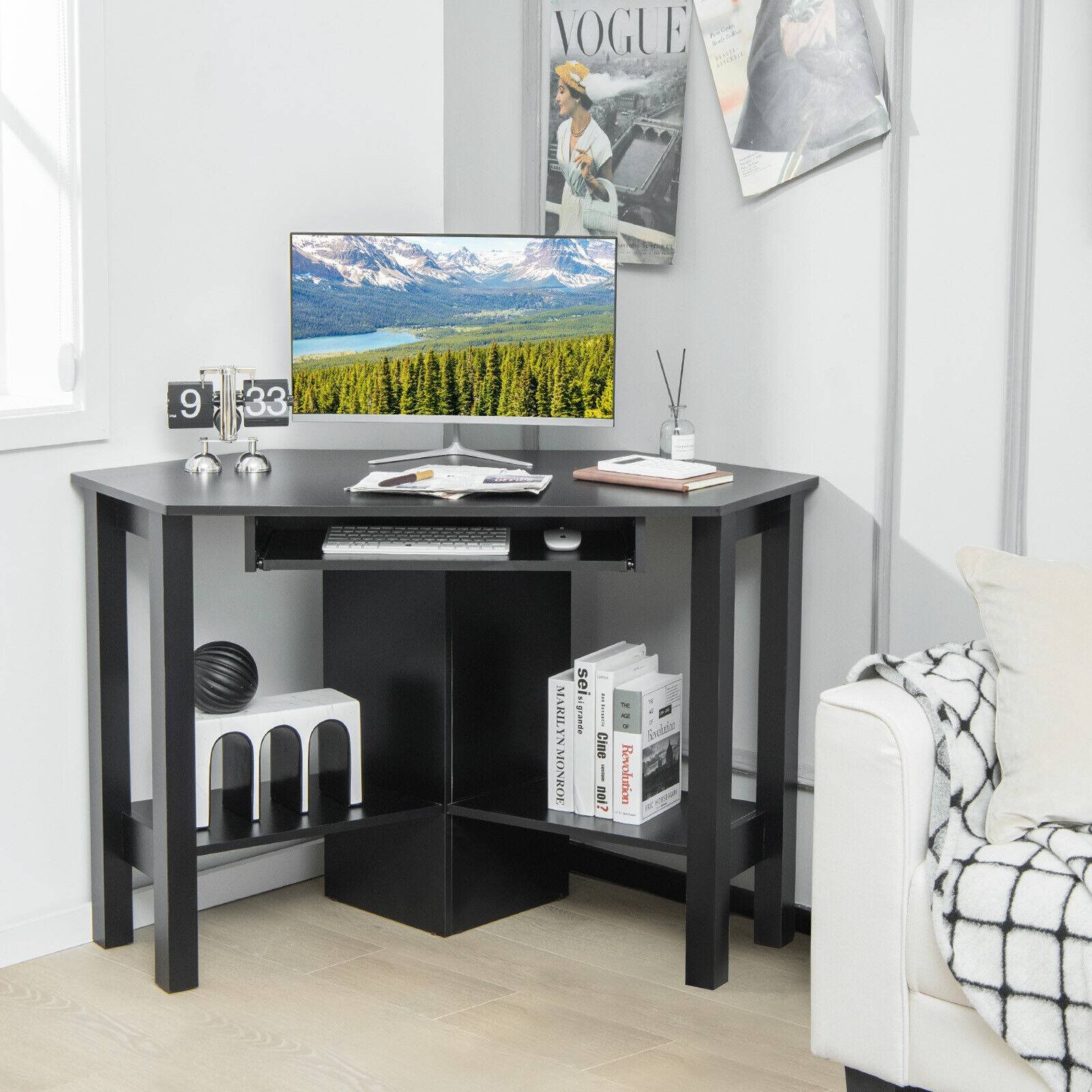 Wooden Study Computer Corner Desk with Drawer, Black Corner Desks   at Gallery Canada