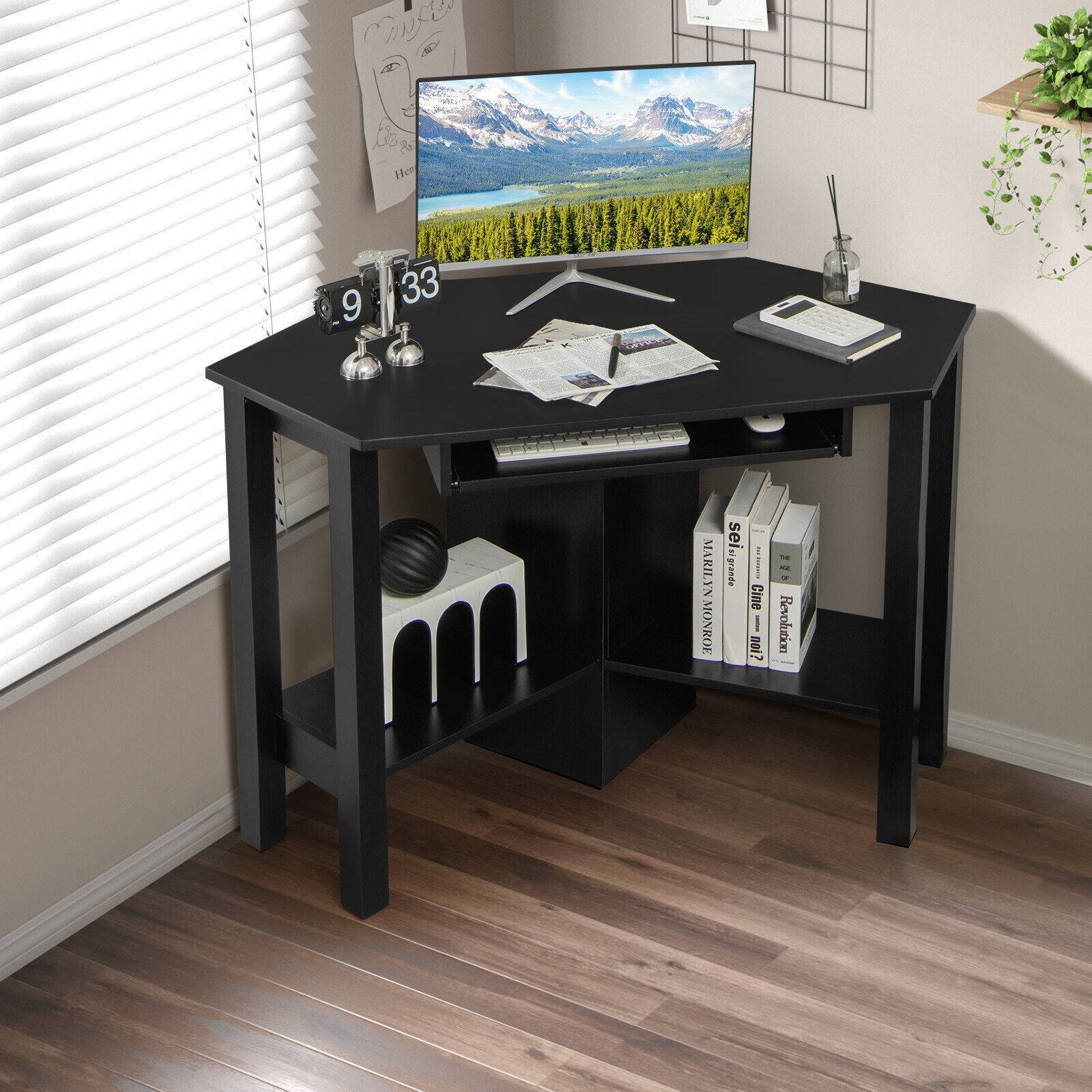 Wooden Study Computer Corner Desk with Drawer, Black Corner Desks   at Gallery Canada