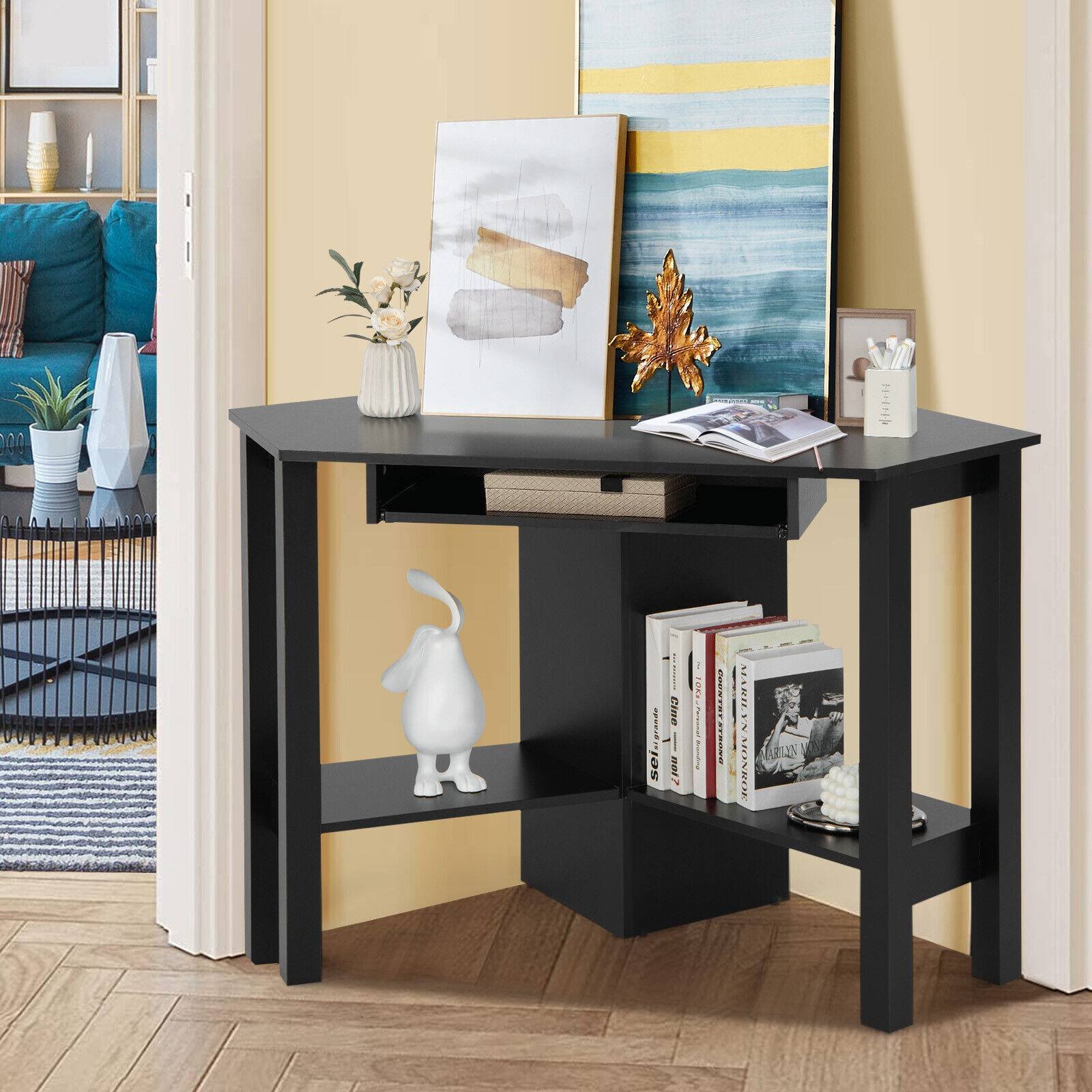 Wooden Study Computer Corner Desk with Drawer, Black Corner Desks   at Gallery Canada