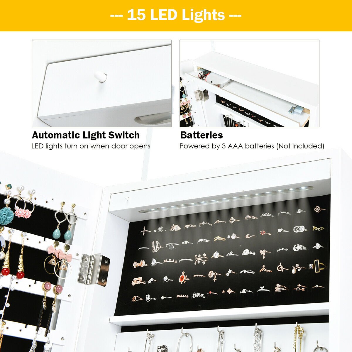 Lockable Armoire Jewelry Cabinet with LED Lights, White Jewelry Armoires   at Gallery Canada