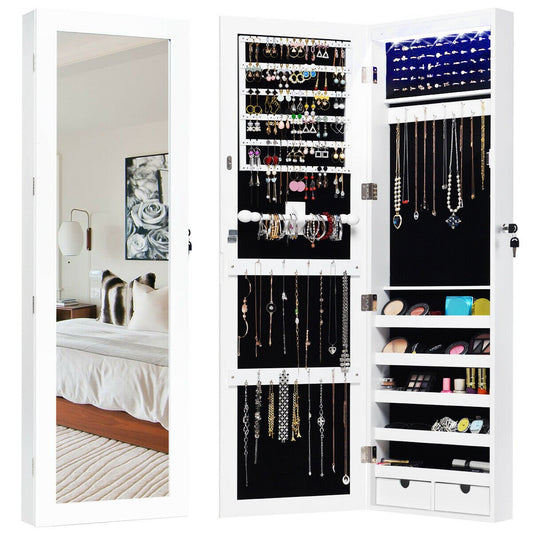 Door Mounted Lockable Mirrored Jewelry Cabinet with LED Lights, White - Gallery Canada